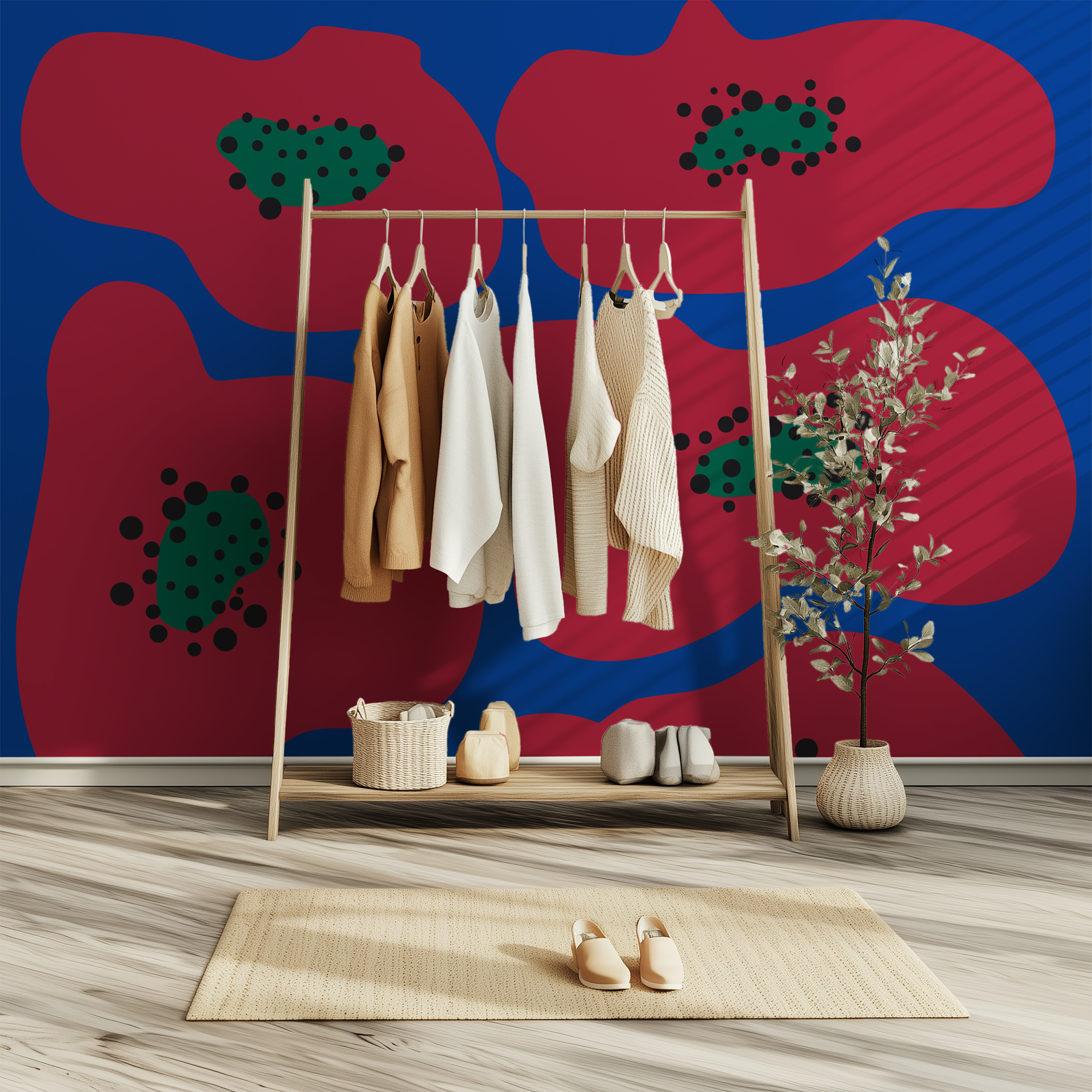 Crimson Bloom red and blue wallpaper with giant graphic flowers