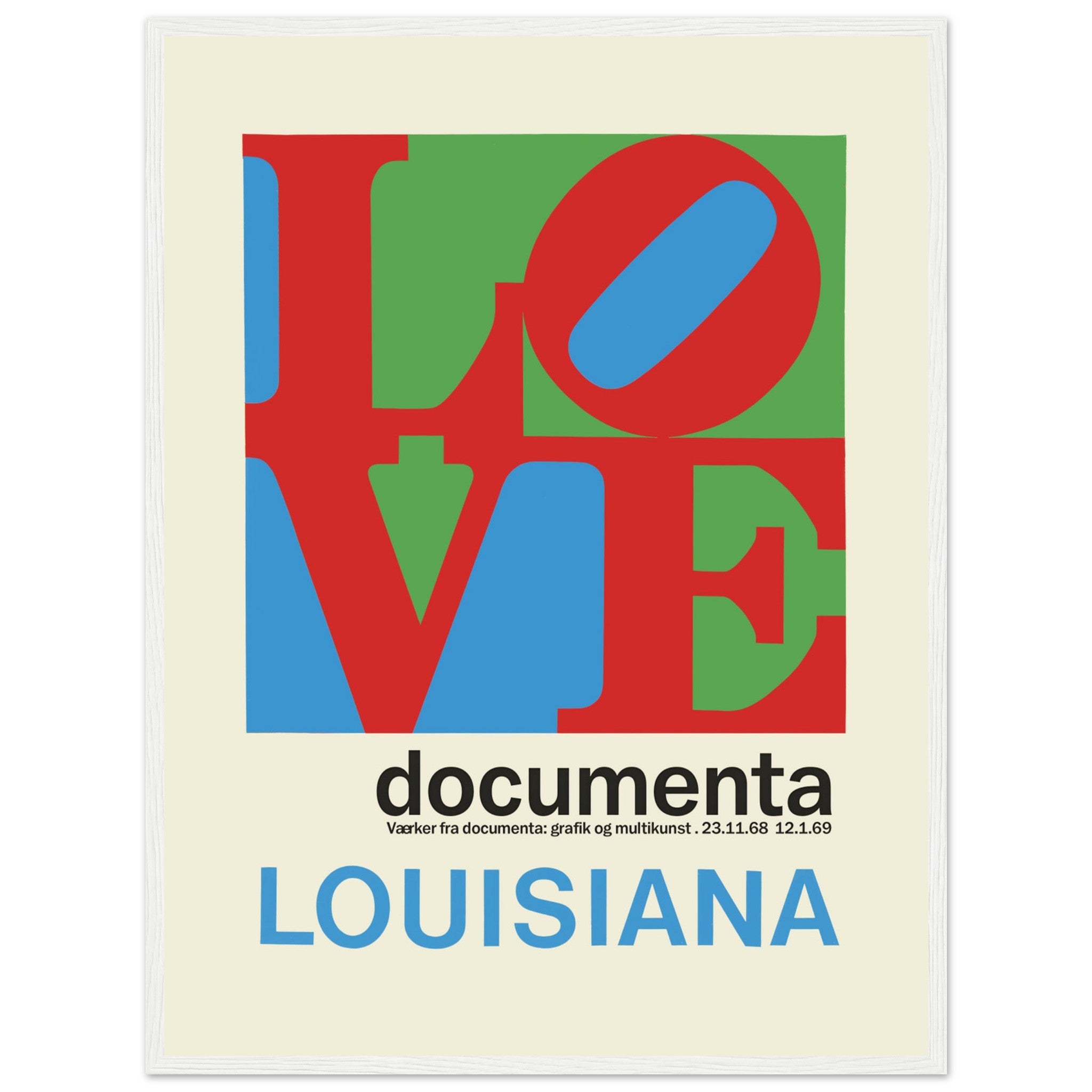 Vintage Documenta Louisiana poster featuring bold abstract typography in red blue and green