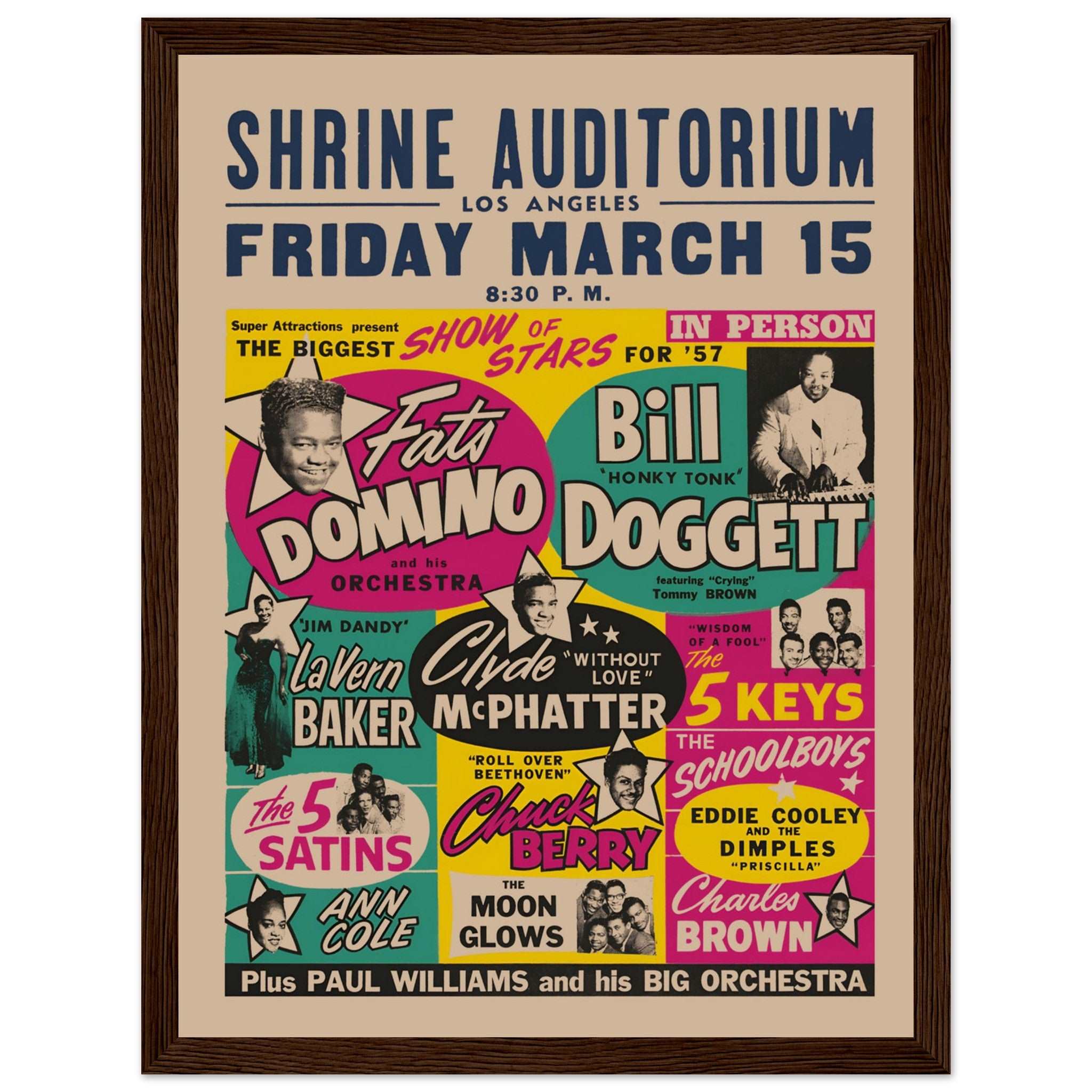 Vintage Fats Domino Shrine Auditorium concert poster featuring colorful 1950s rhythm and blues lineup
