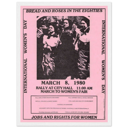 Historic International Women’s Day 1980 rally poster featuring women marching for labor rights, safety, and social justice.