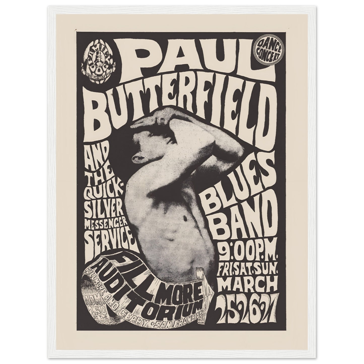 Retro 1967 music poster with bold distorted typography and artistic band imager