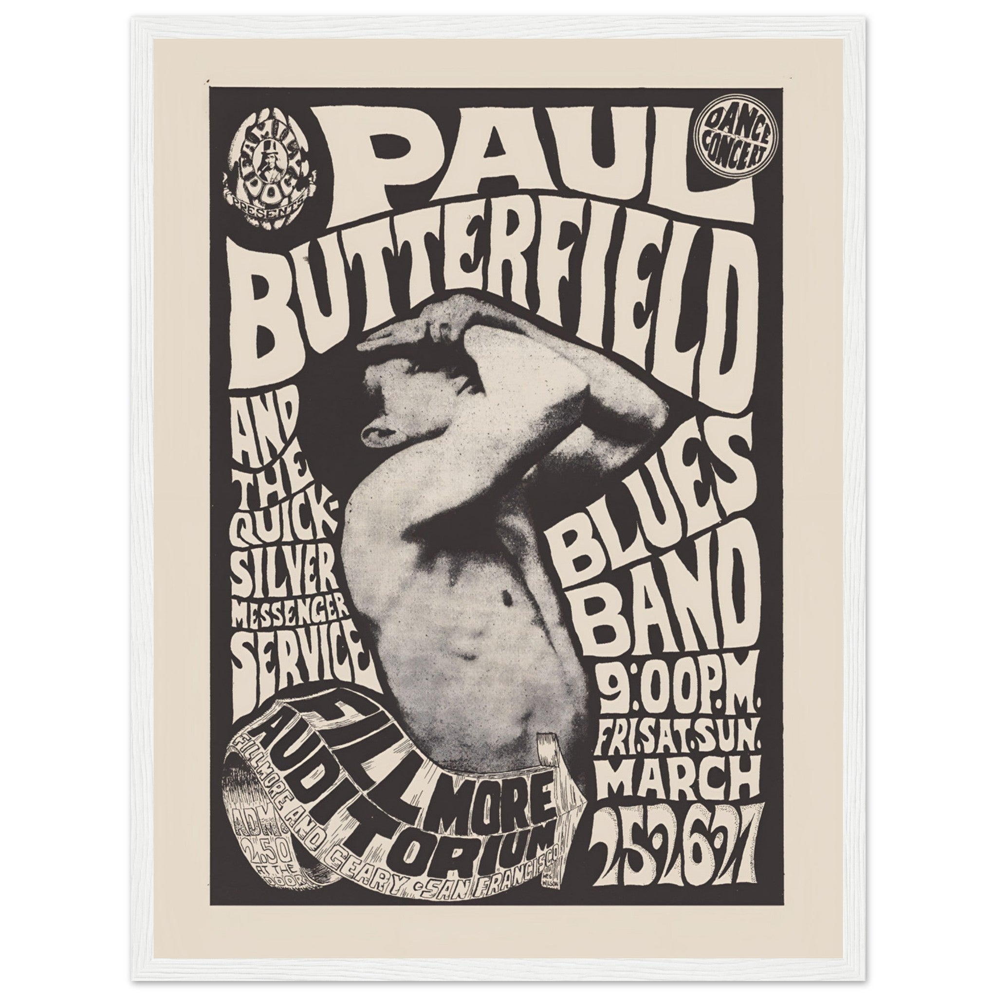 Retro 1967 music poster with bold distorted typography and artistic band imager