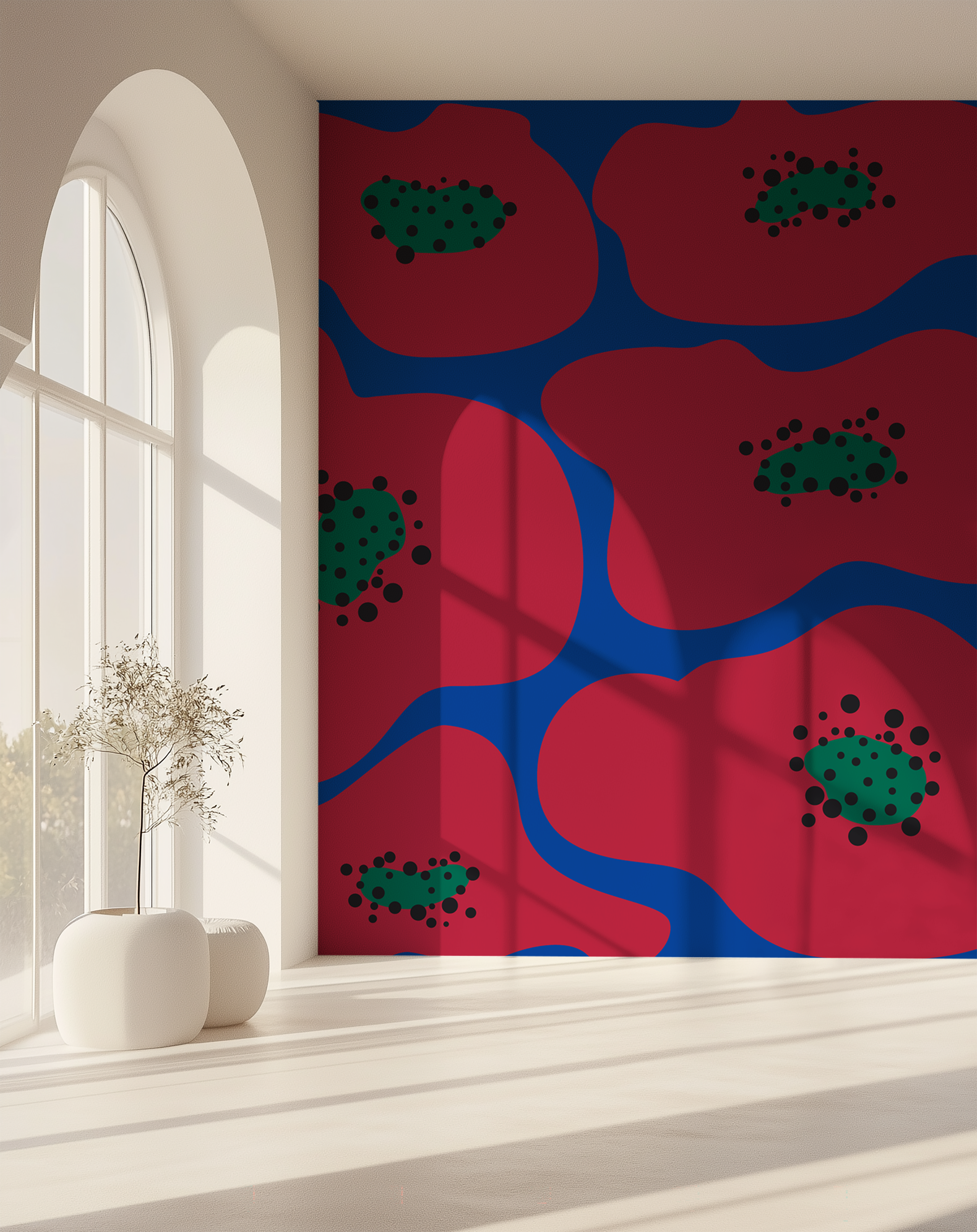 Oversized red floral wallpaper with large crimson blooms on cobalt blue
