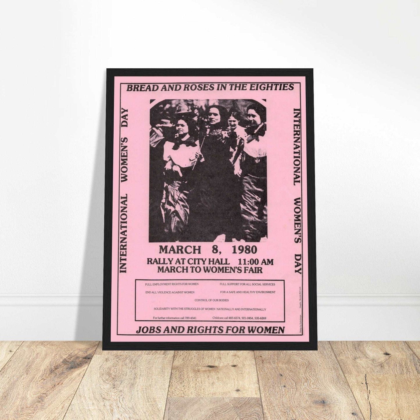 Vintage 1980 International Women’s Day poster showing feminist protesters marching for jobs and rights for women.