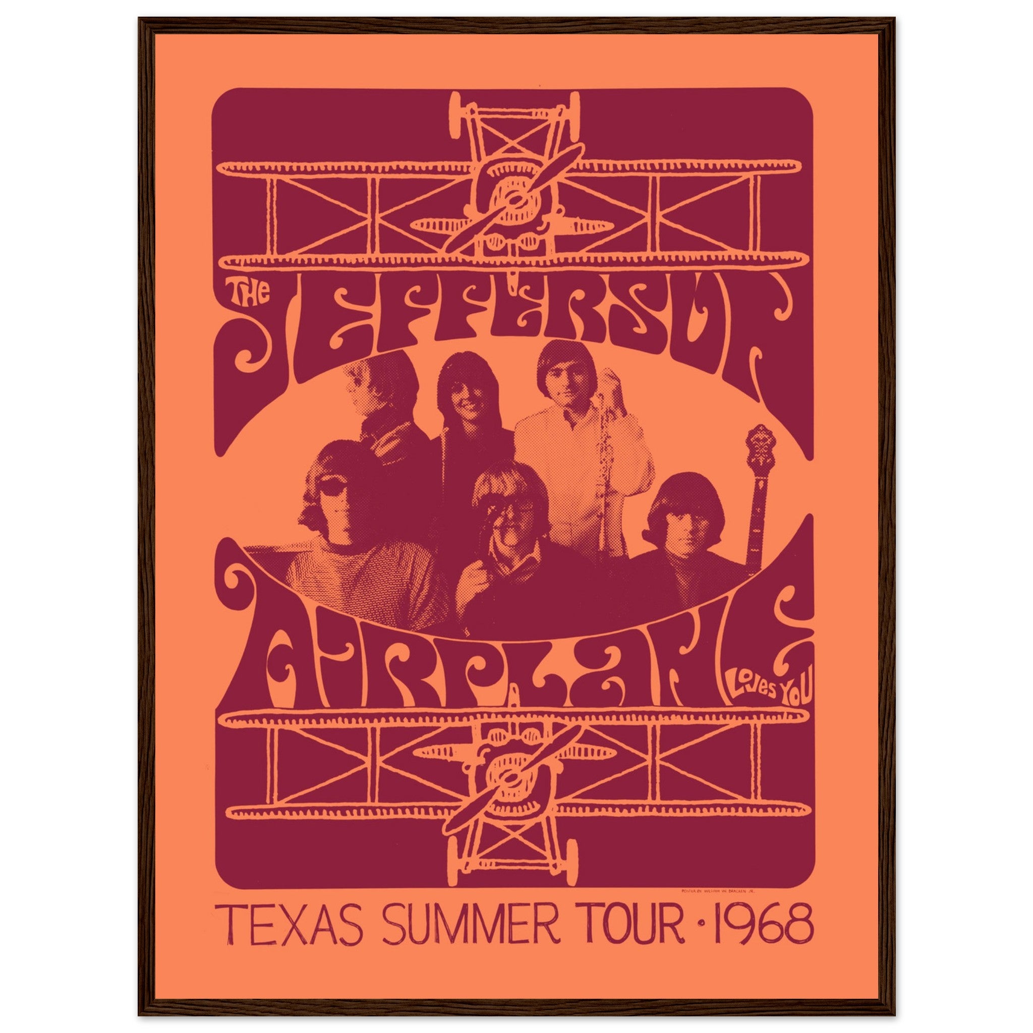 Retro Jefferson Airplane concert poster featuring stylized airplane graphic and pink background