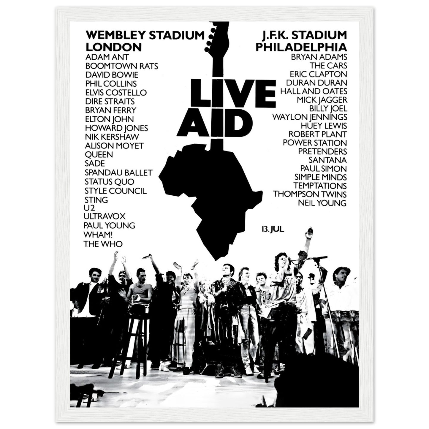 Vintage Live Aid 1985 concert poster featuring legendary charity music event at Wembley Stadium
