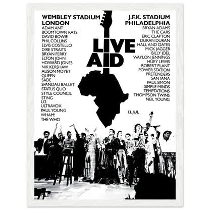 Vintage Live Aid 1985 concert poster featuring legendary charity music event at Wembley Stadium