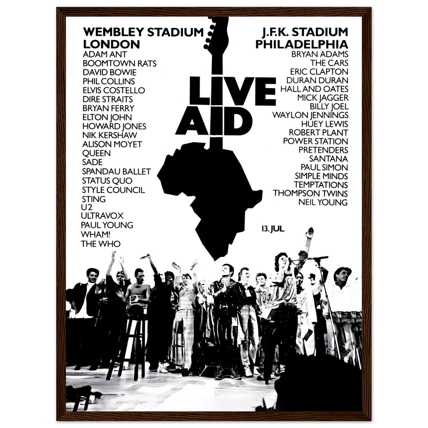 Retro Live Aid charity concert wall art showcasing famous rock and pop artists