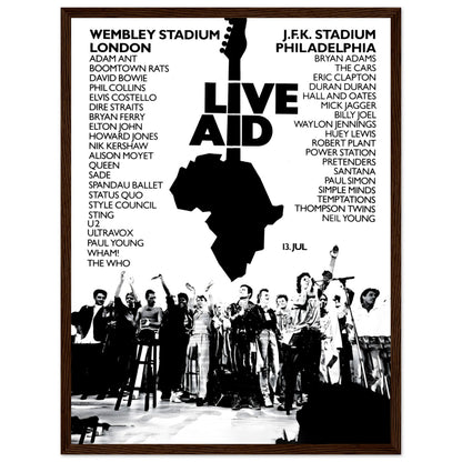 Retro Live Aid charity concert wall art showcasing famous rock and pop artists