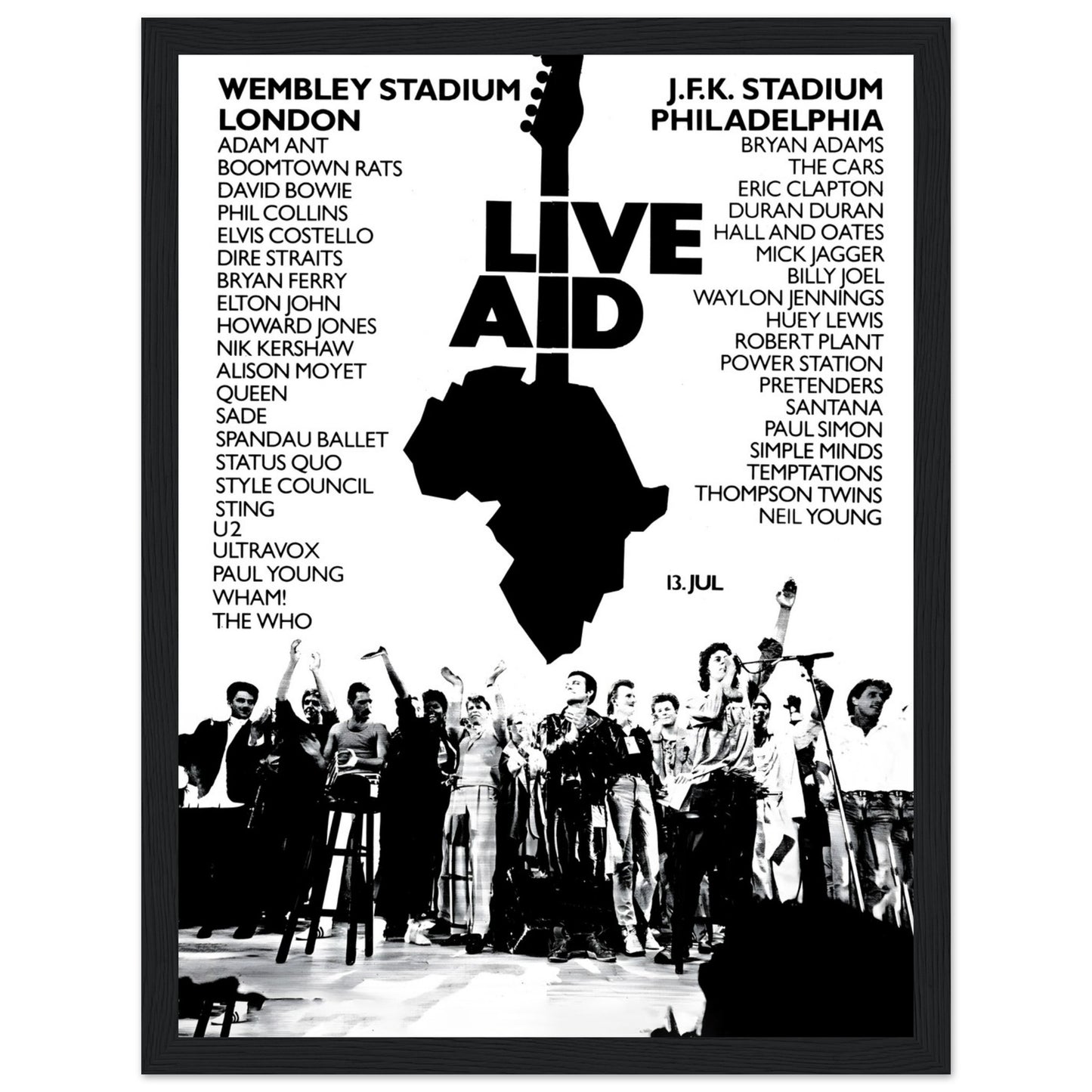 Classic Live Aid music poster with iconic black and white stage photography