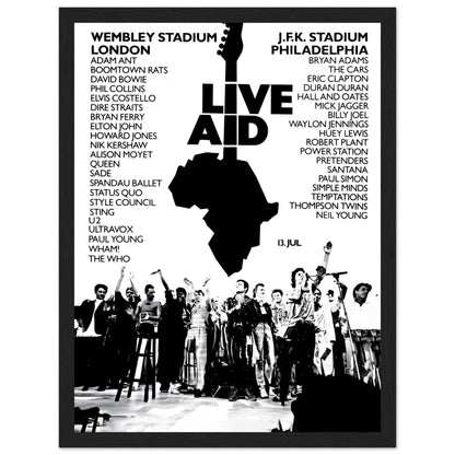 Classic Live Aid music poster with iconic black and white stage photography