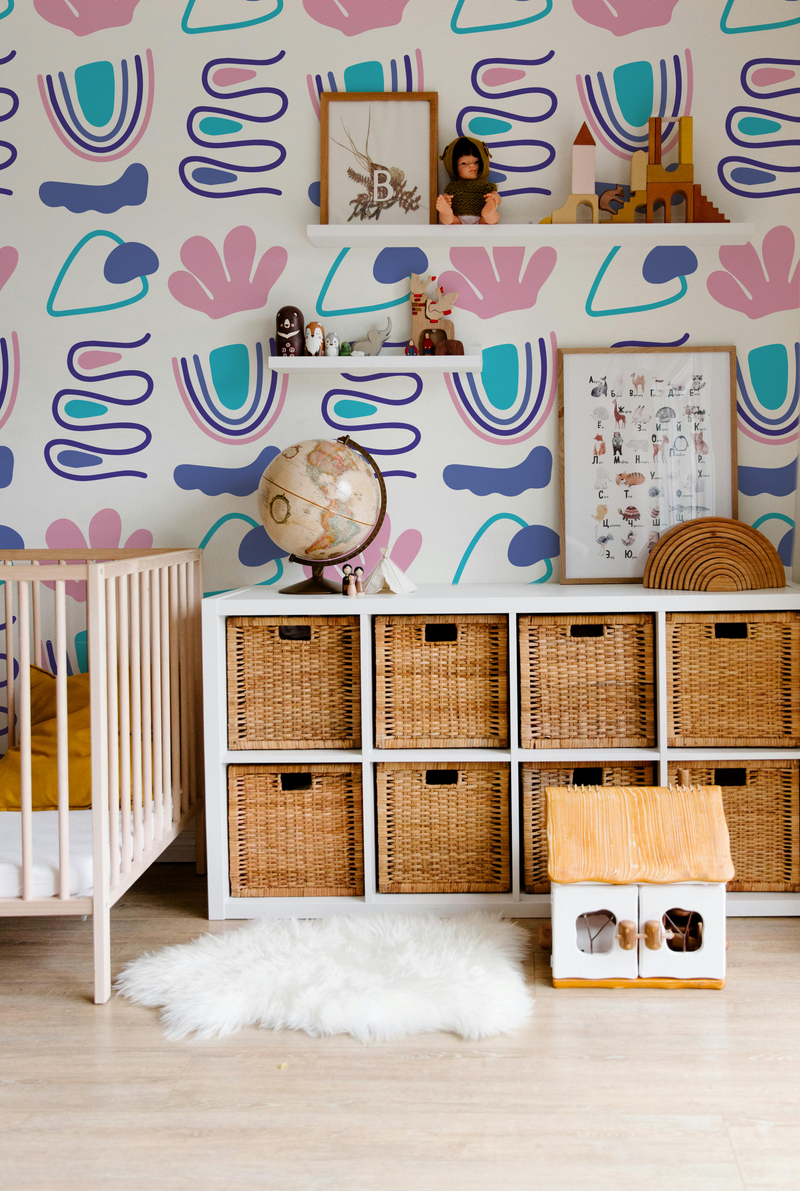 Luma Flow colorful geometric kids wallpaper with playful organic shapes in a modern nursery and playroom