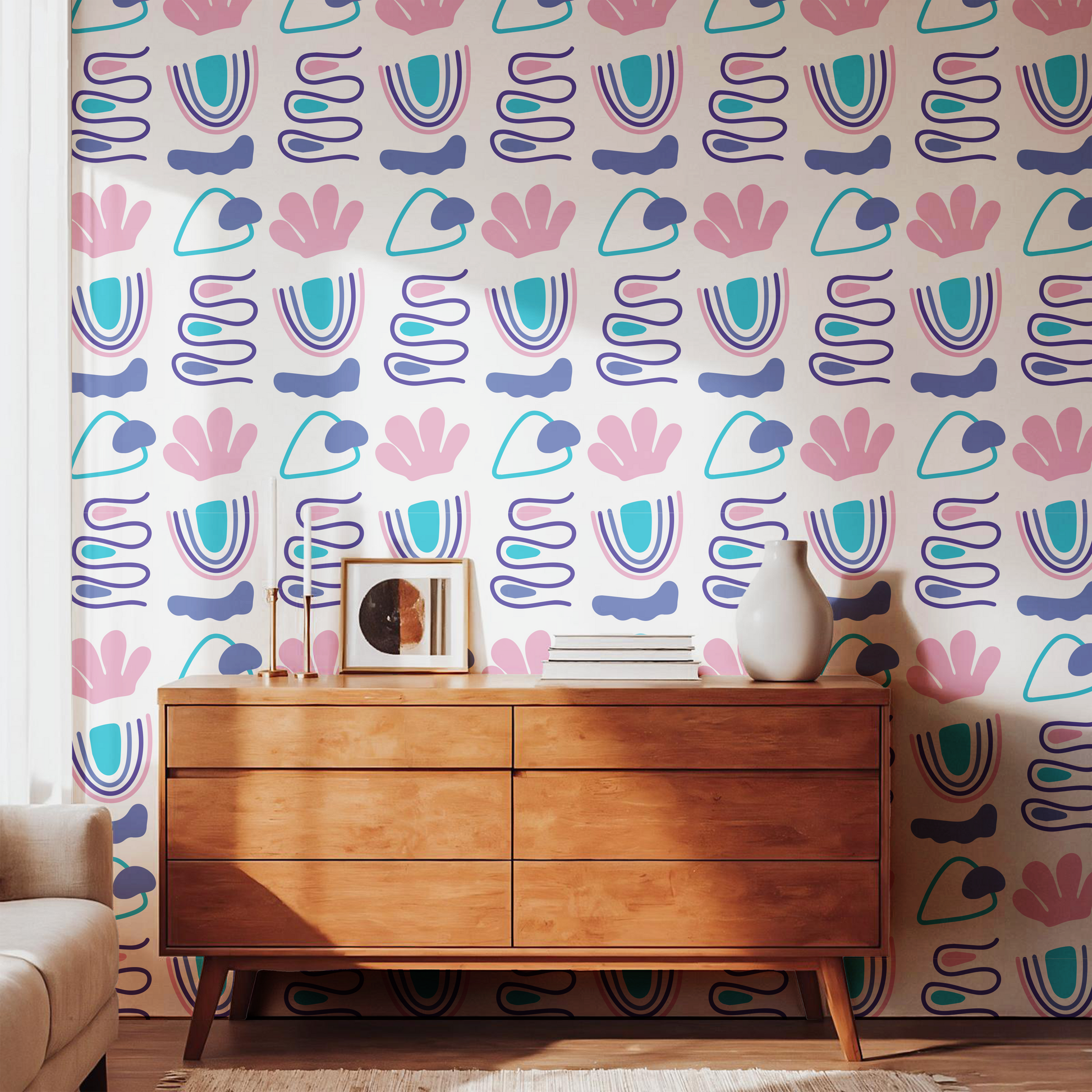 Luma Flow colorful mid-century modern abstract wallpaper with geometric organic shapes in a living room
