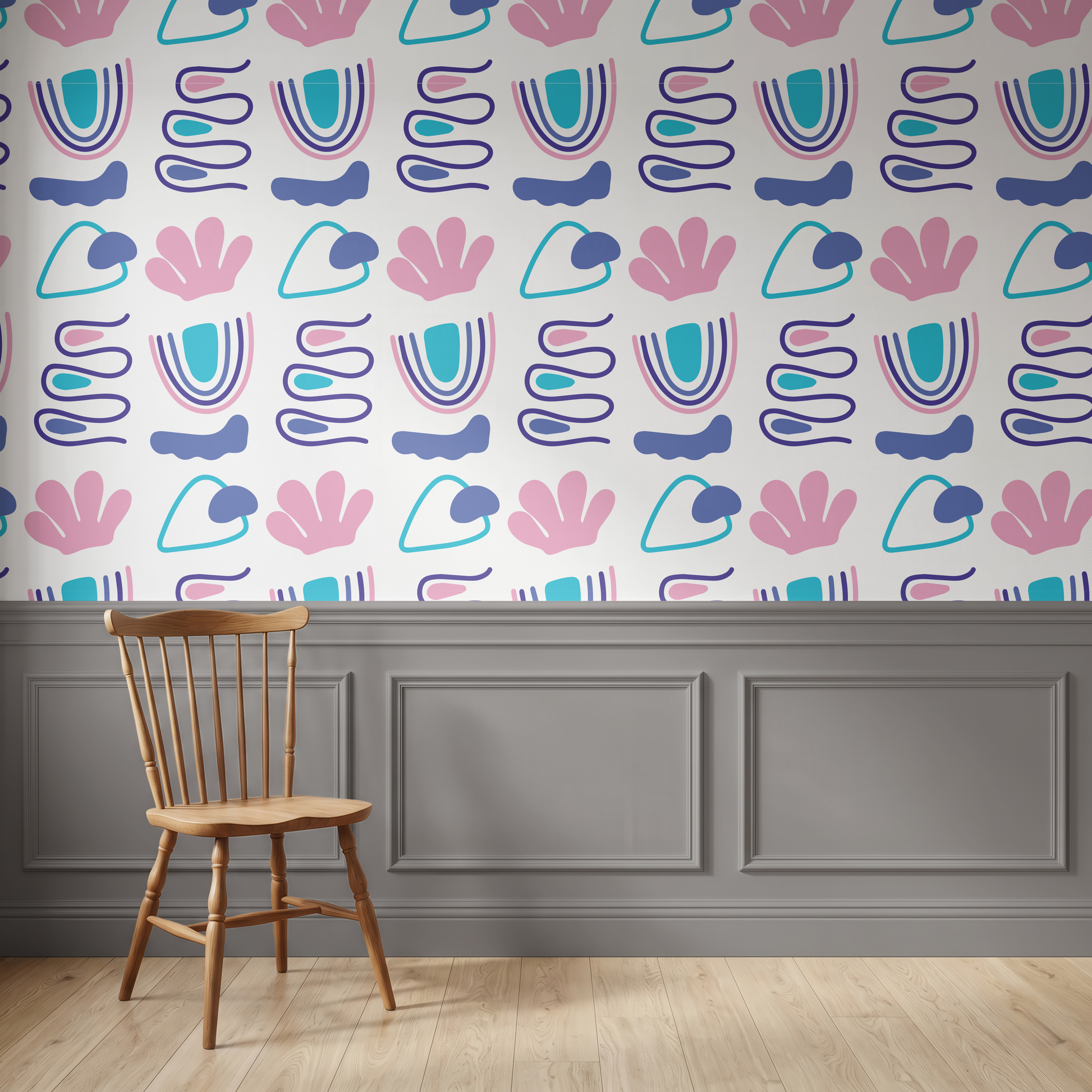 Colorful abstract geometric wallpaper with retro pink turquoise blue and purple shapes above wall panelling
