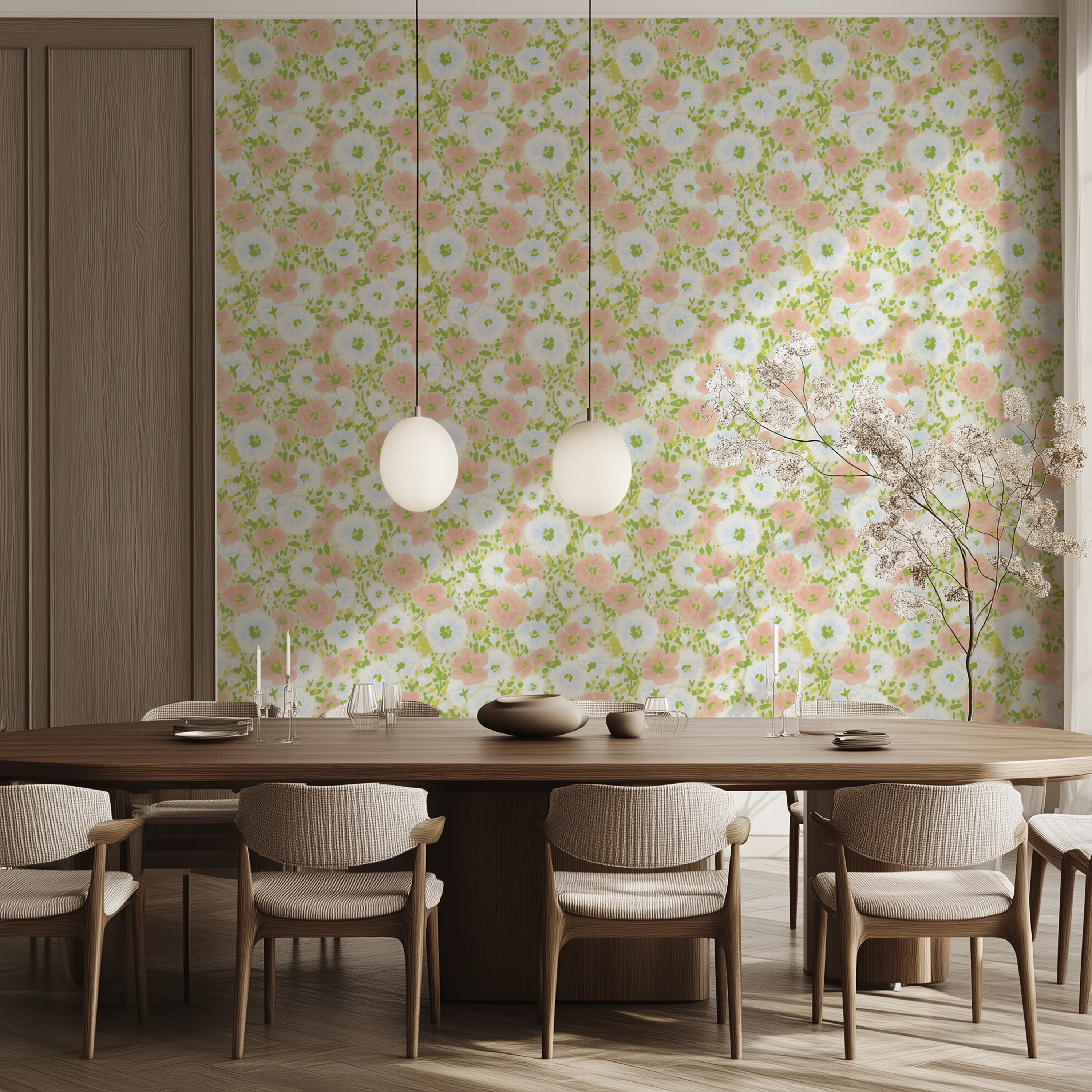 Meadow Bloom vintage floral wallpaper displayed in a modern dining room with soft botanical repeat pattern.