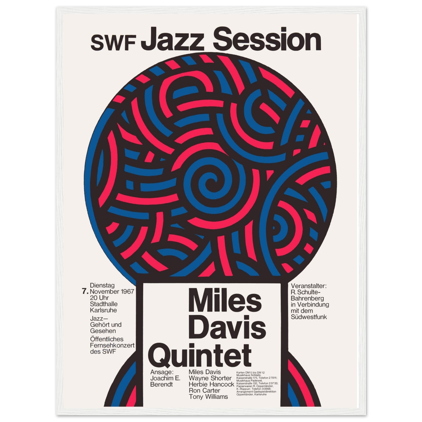 Modern jazz wall art inspired by Miles Davis Quintet, abstract circular design poster for music lovers