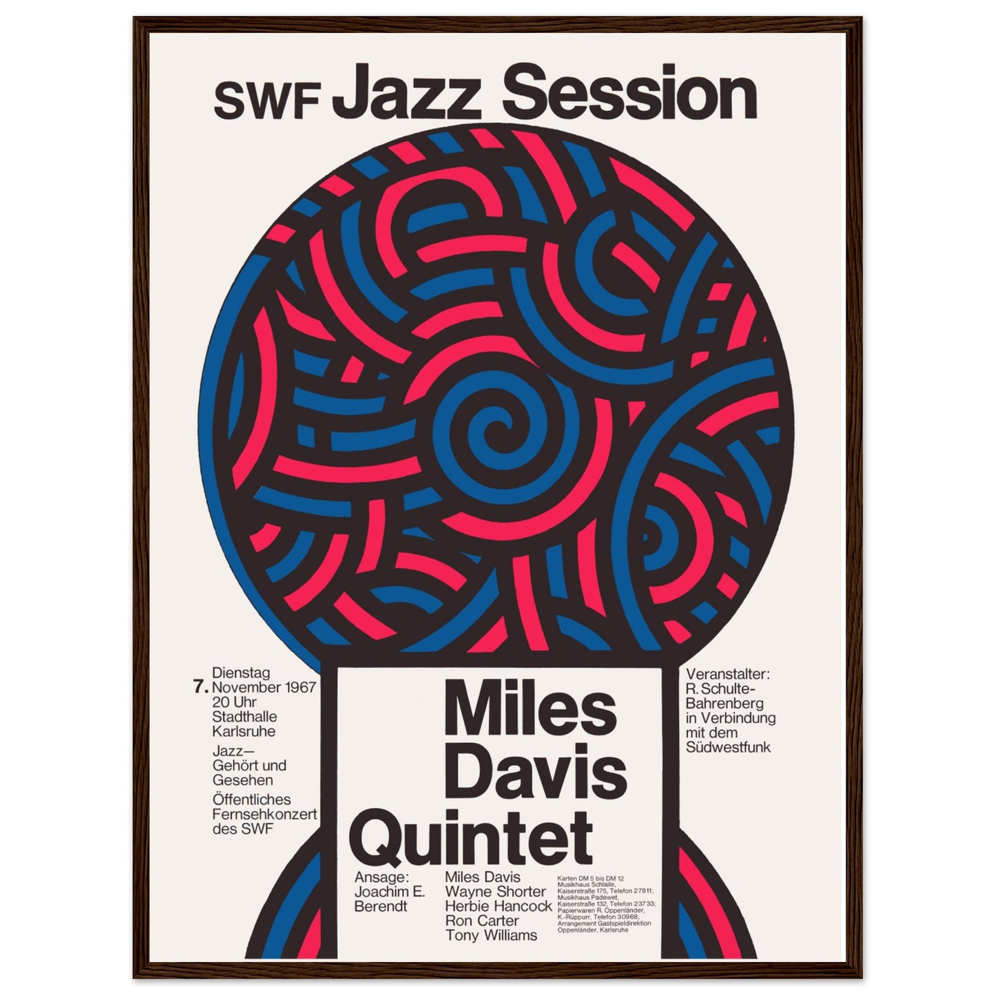Classic jazz poster featuring Miles Davis Quintet live in Germany 1967, iconic modernist concert art print
