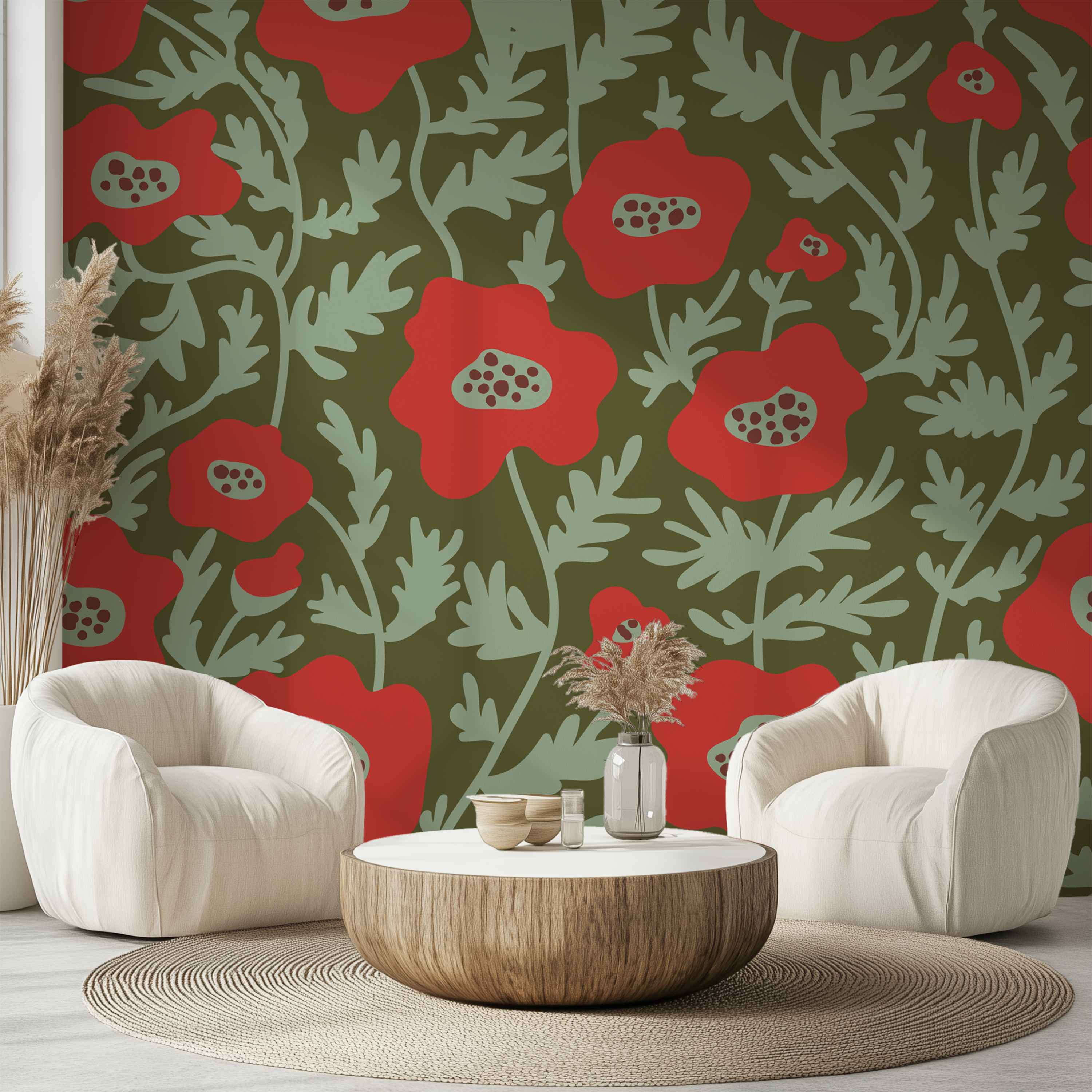 Modern folk floral wallpaper with stylized red poppies and green botanical leaves