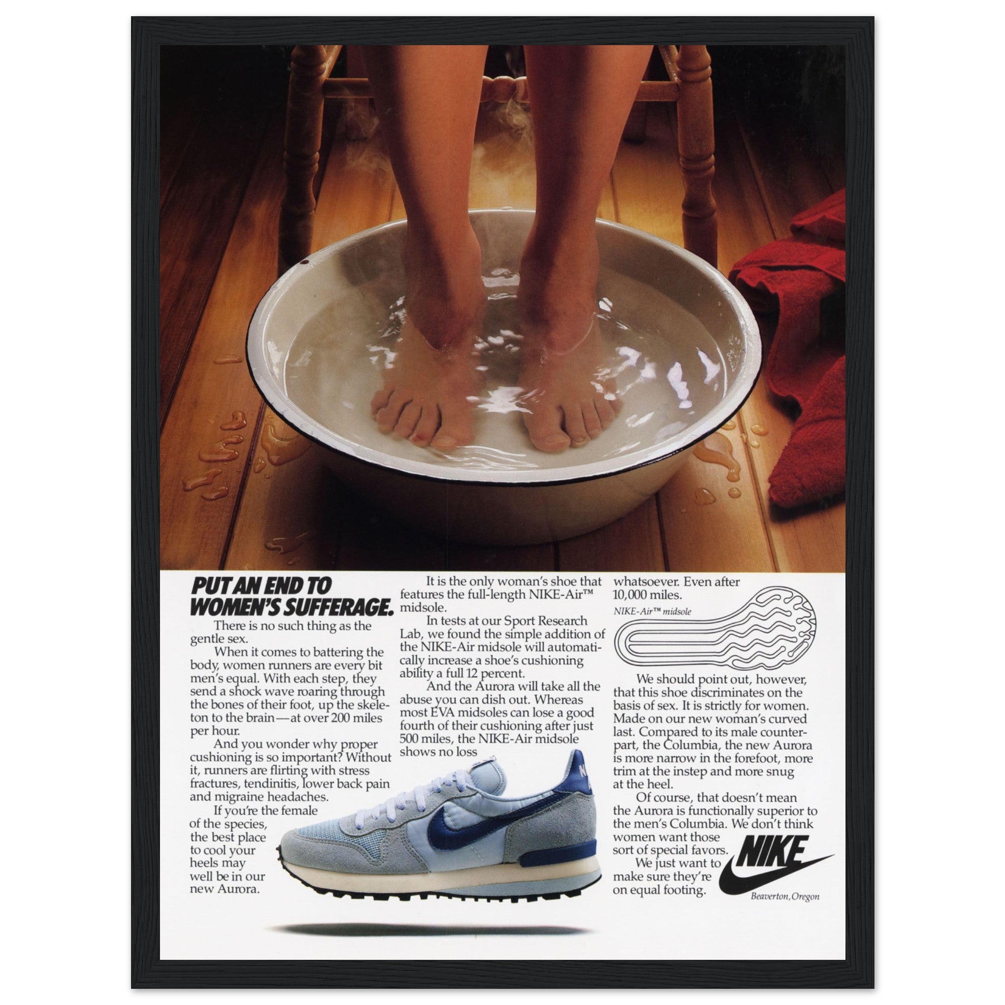 Classic Nike Running vintage ad poster featuring iconic retro sneakers. Perfect for sneakerheads, collectors & sports fans. Shop now for timeless wall art!