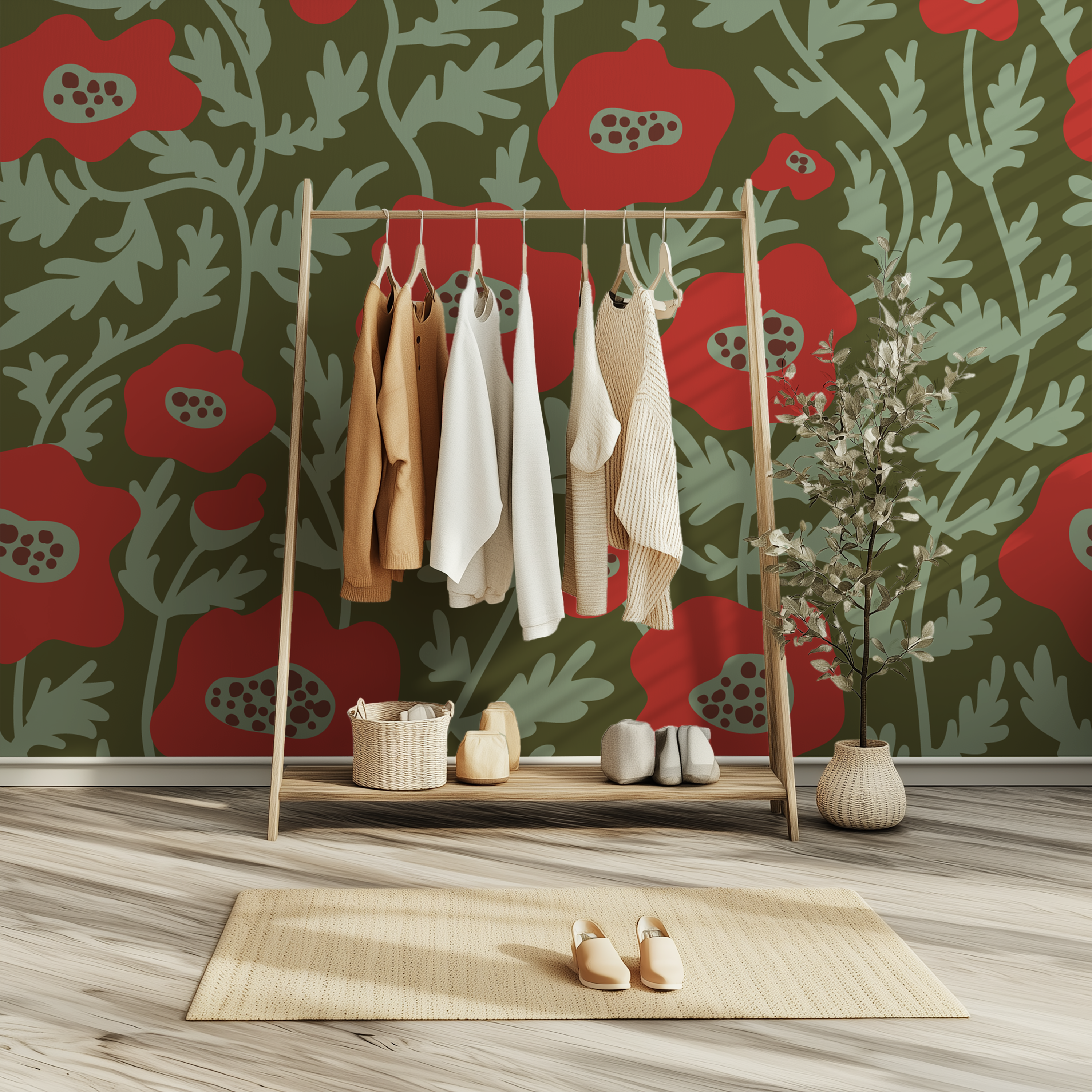Olive green wallpaper with large red poppies and winding sage botanical foliage