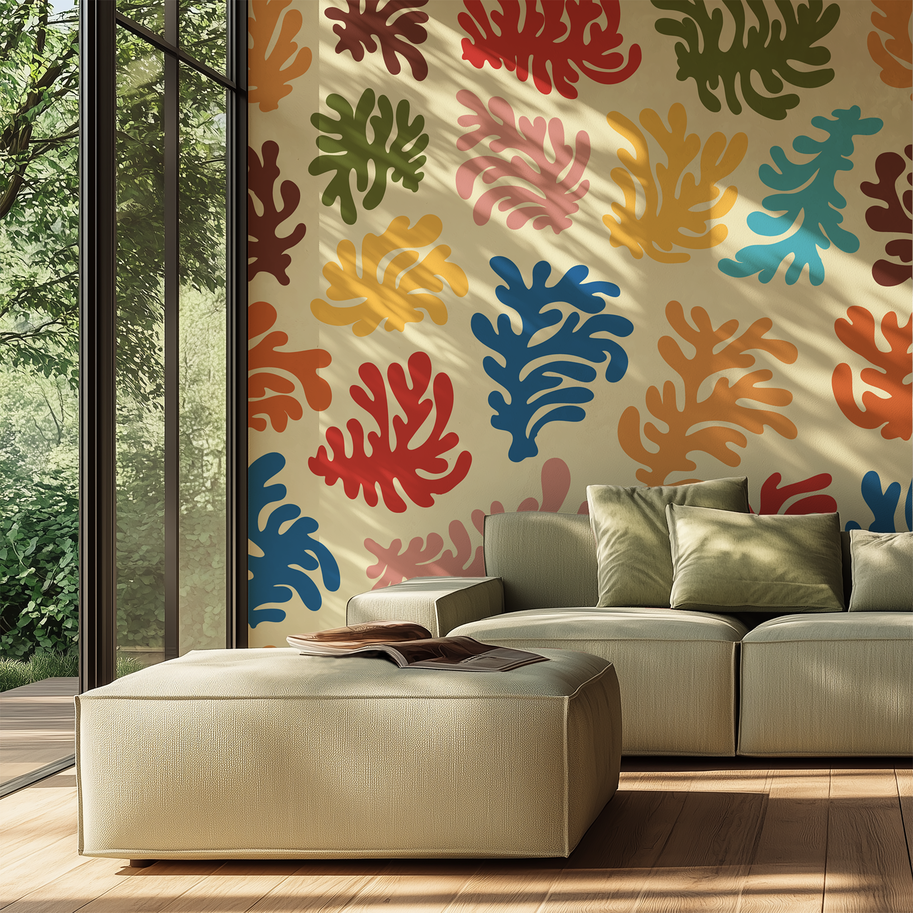 Organic shape wallpaper with red blue mustard pink and green forms