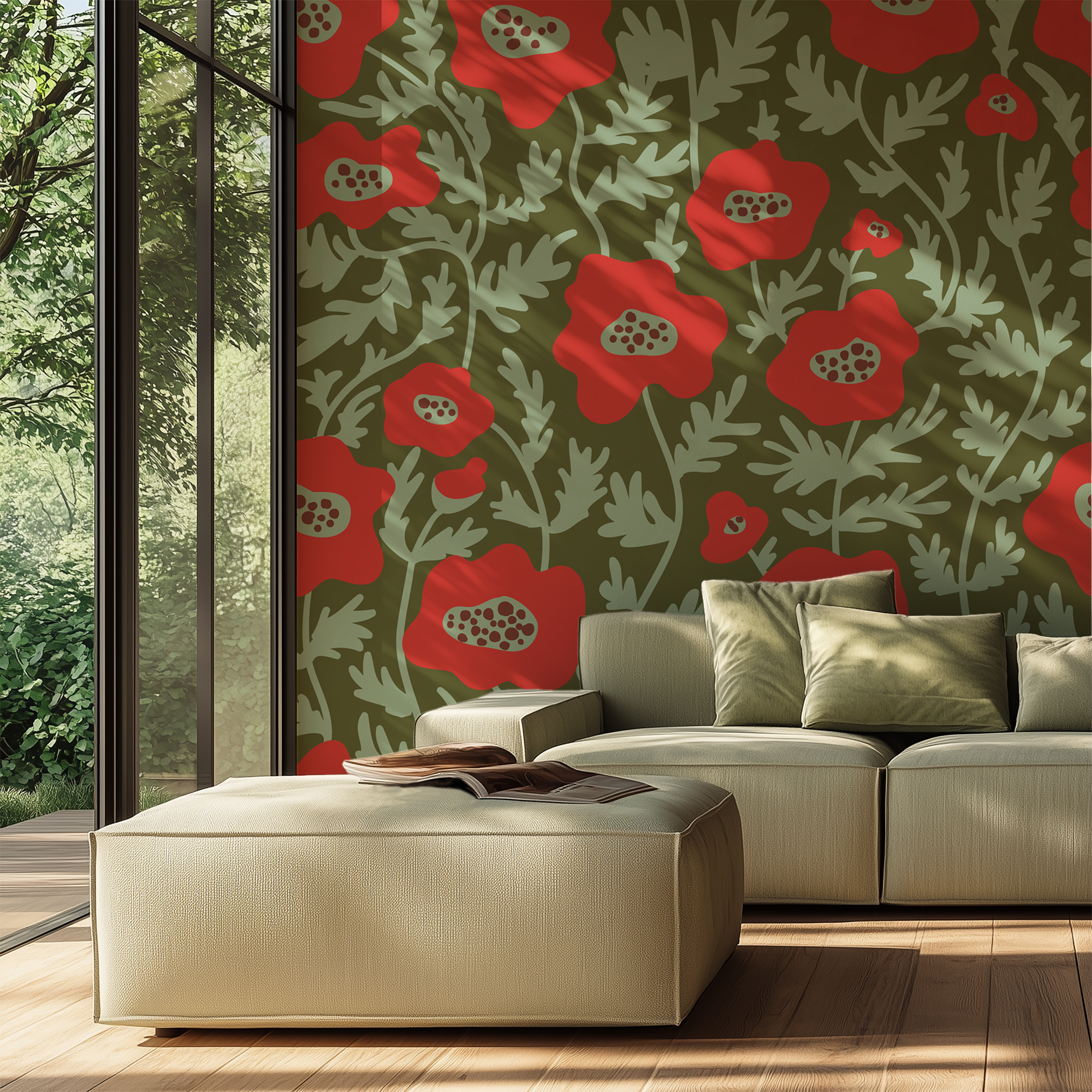 Oversized red floral wallpaper with bold poppy flowers against a dark olive green background