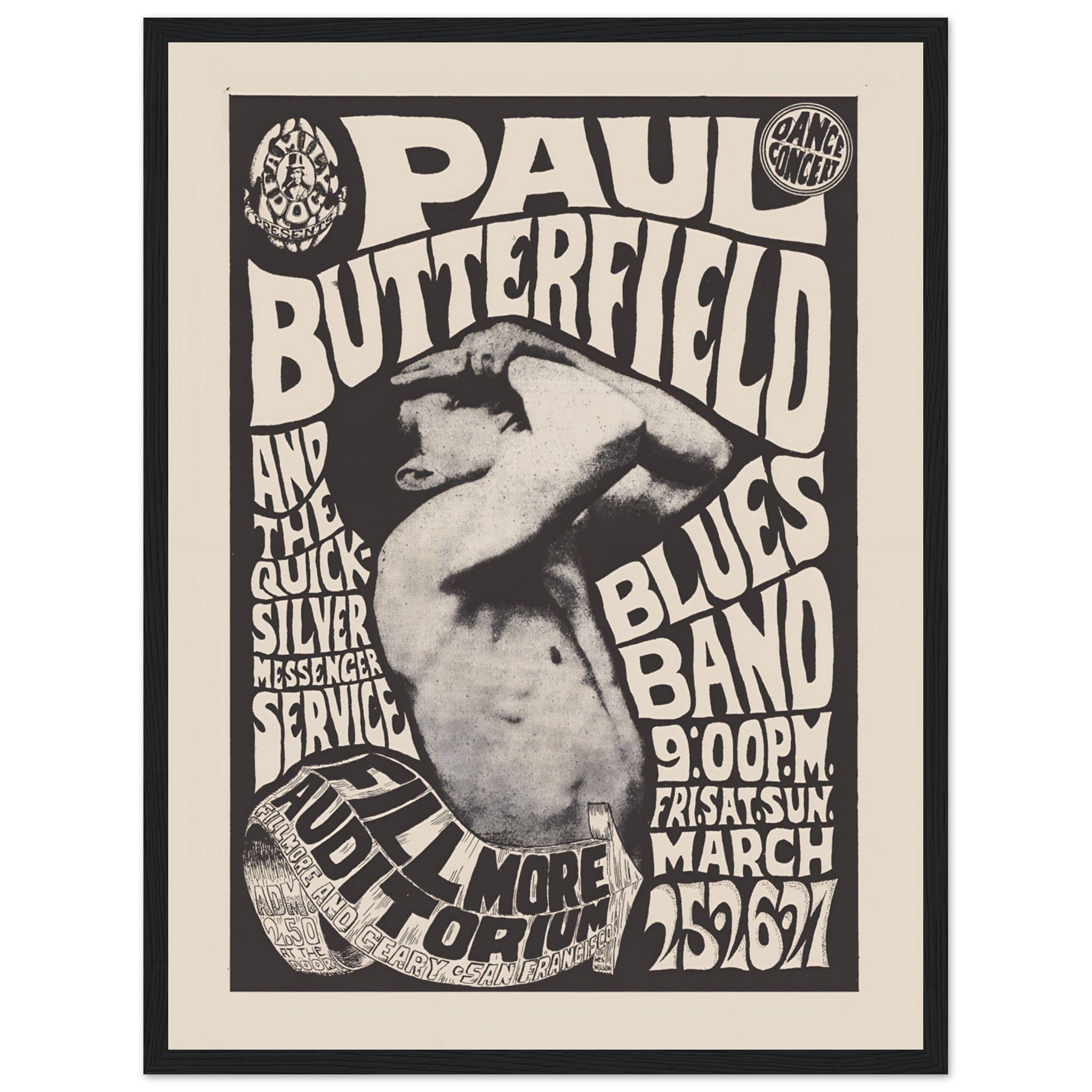 Vintage Paul Butterfield Blues Band Fillmore Auditorium 1967 concert poster with psychedelic lettering