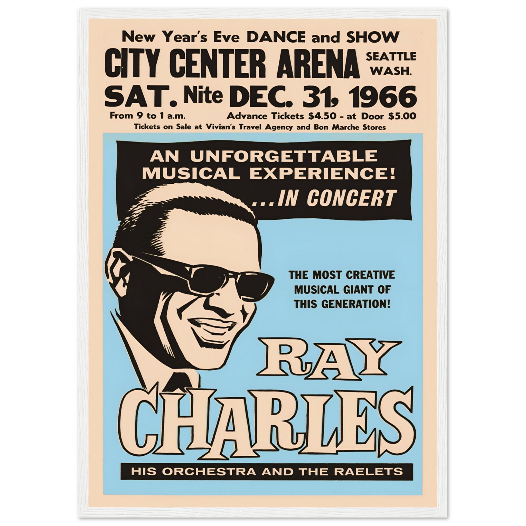 Vintage Ray Charles 1966 Seattle concert poster featuring bold typography and illustration
