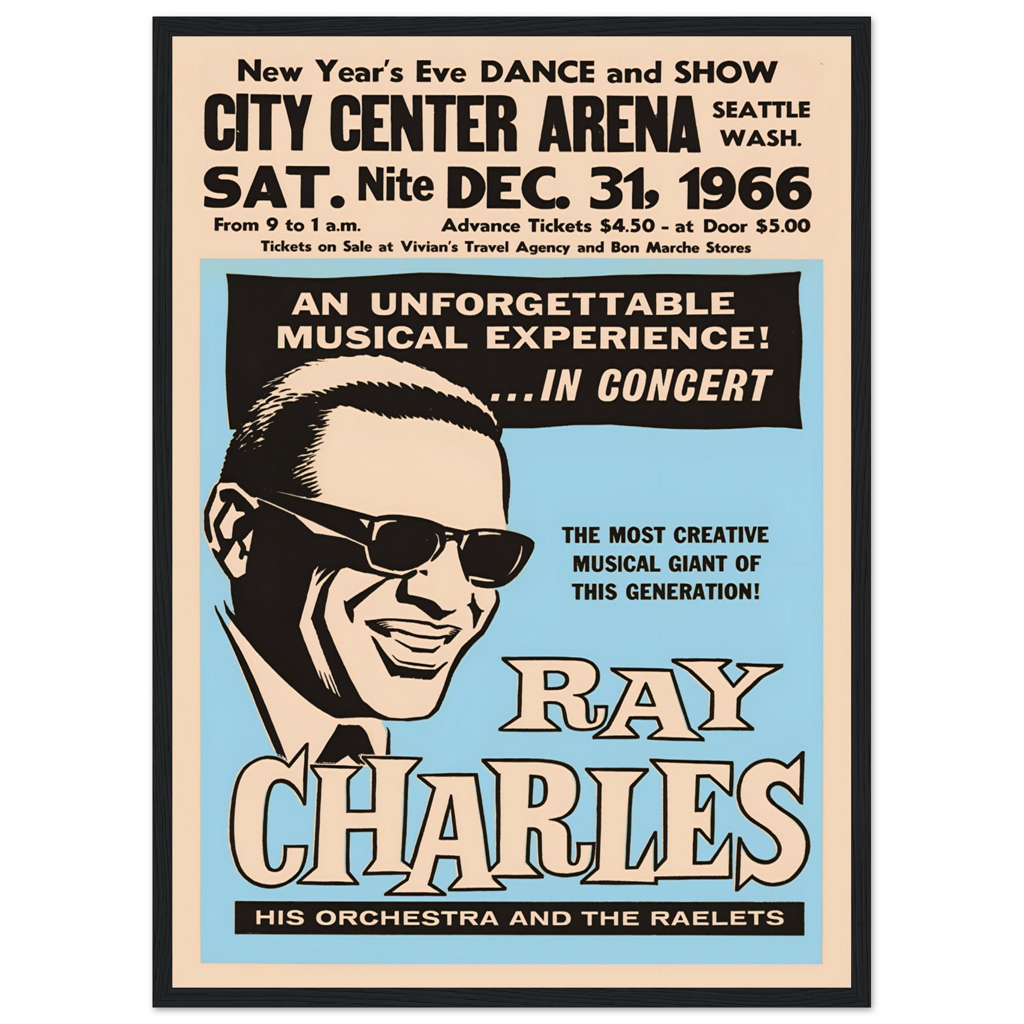 Vintage Seattle concert poster print featuring Ray Charles and the Raelettes