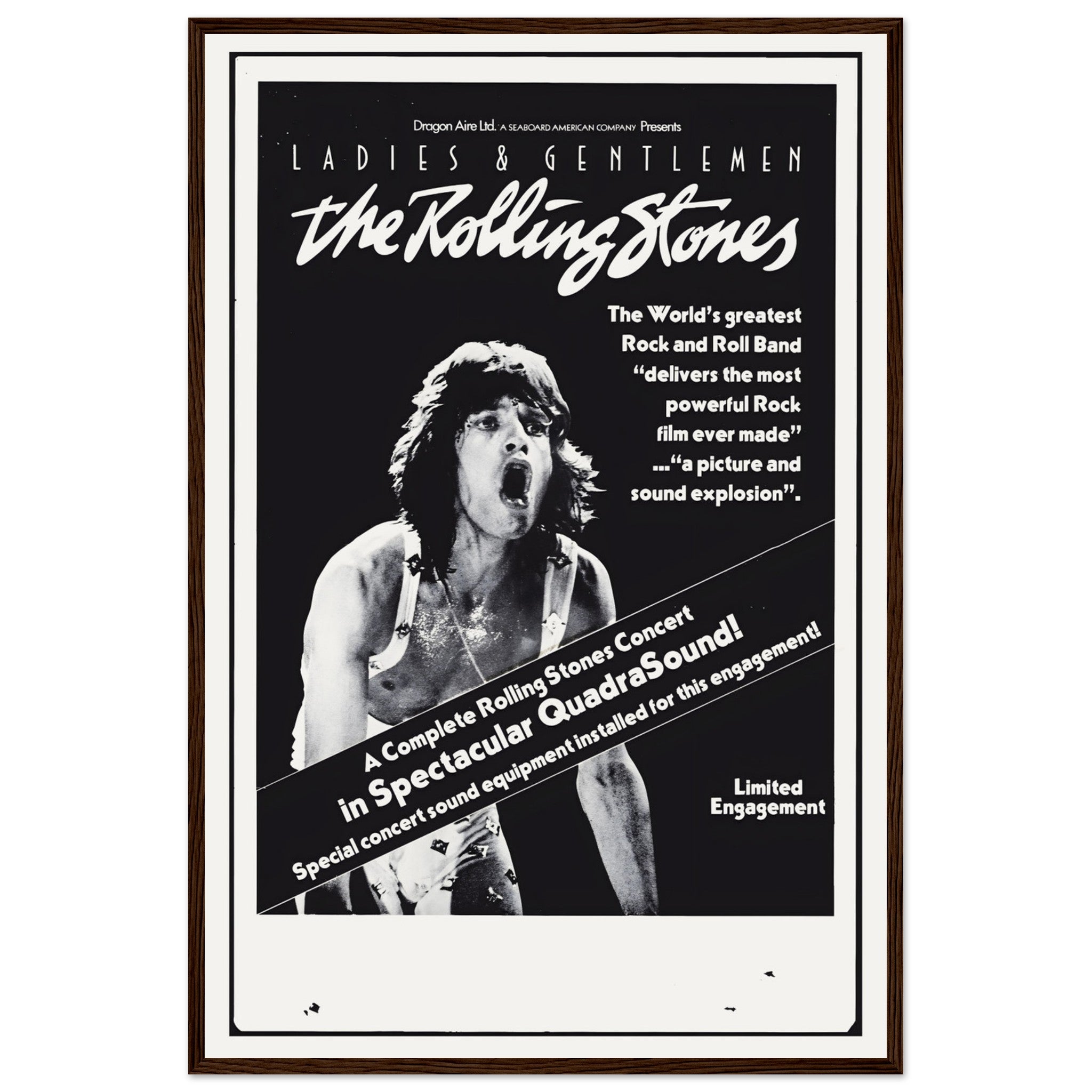 Classic Rolling Stones black and white music poster with bold typography