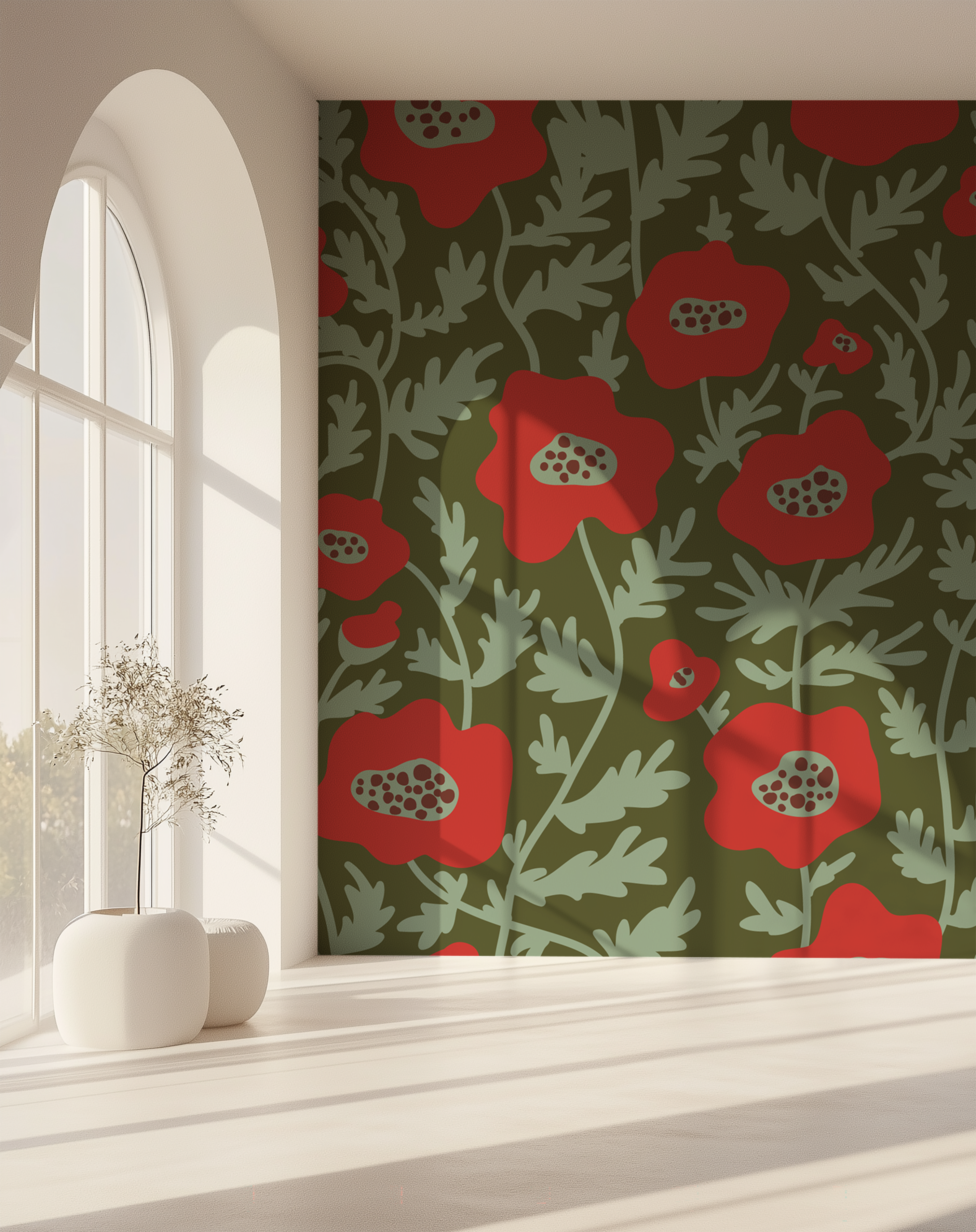 Scarlet Meadow red poppy wallpaper with oversized flowers and sage leaves on olive green