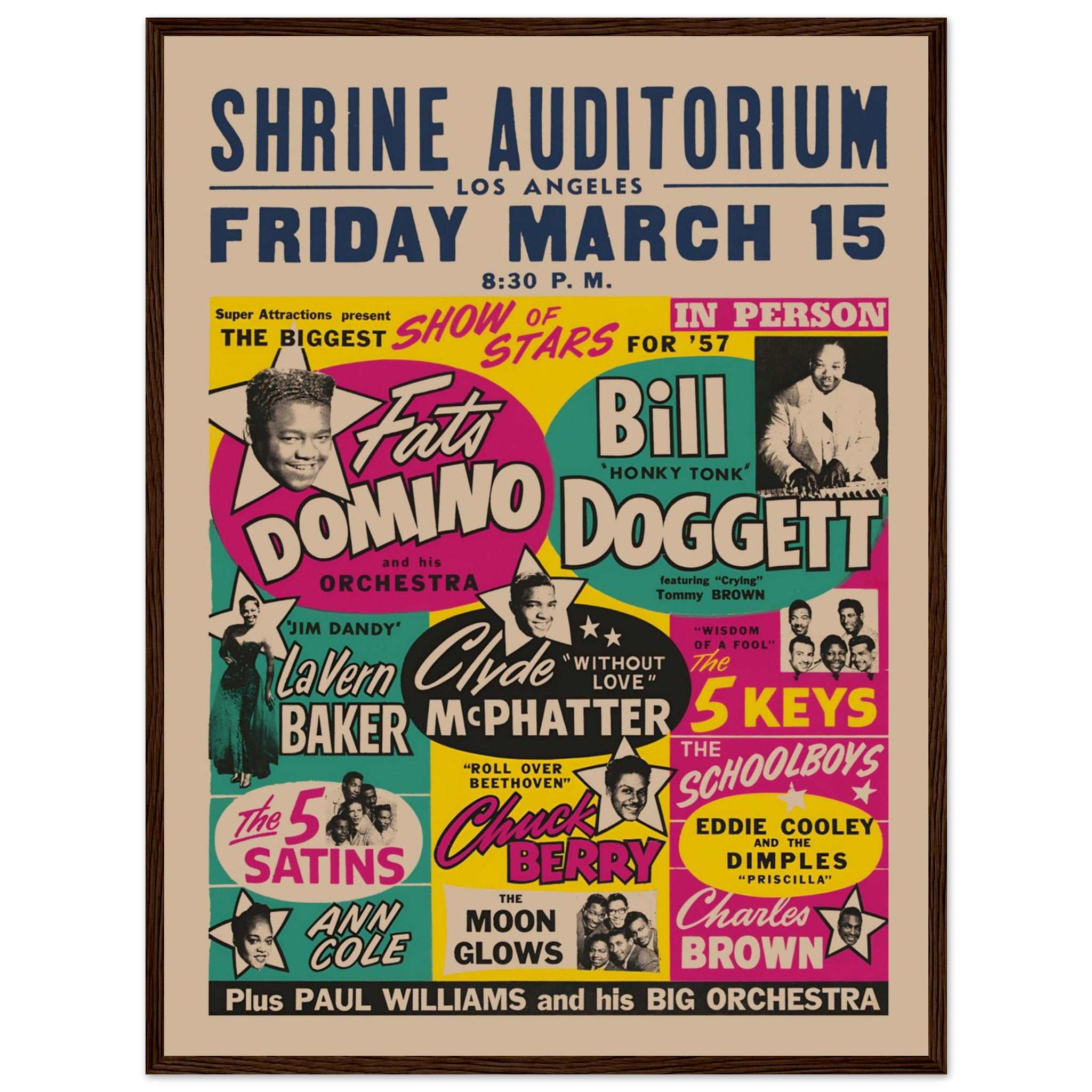 Vintage American concert wall art with bold mid century typography and graphic design