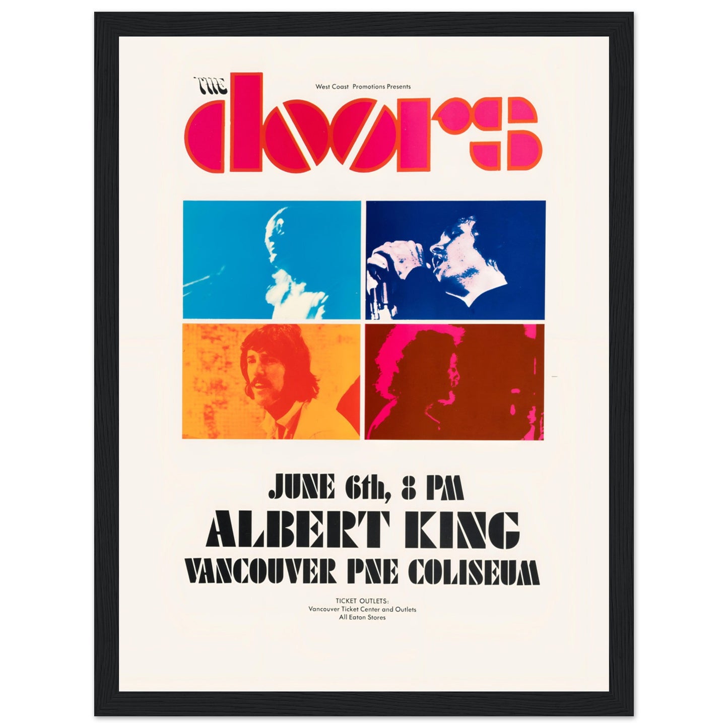 Vintage The Doors and Albert King concert poster at Vancouver Pacific Coliseum with colorful design
