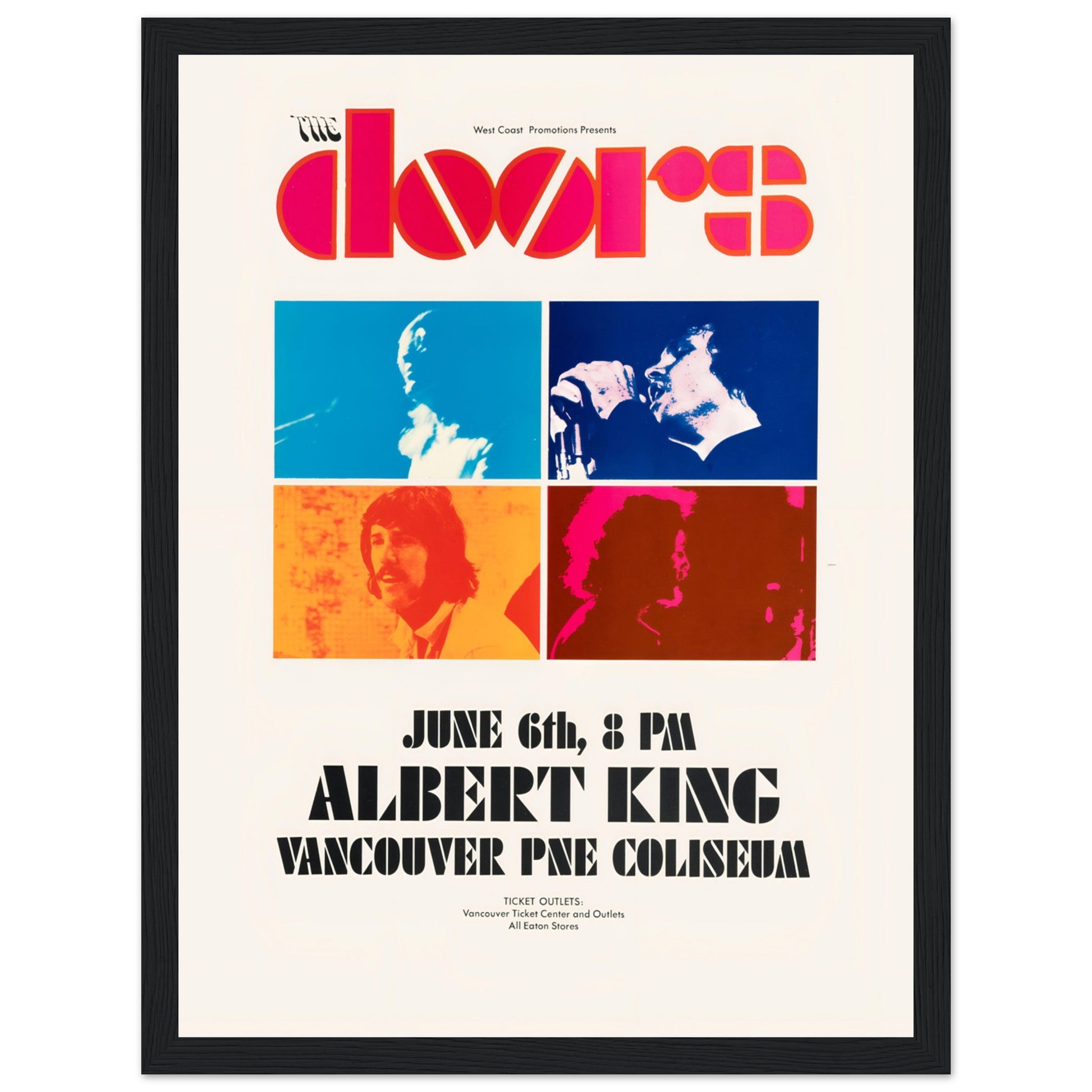 Vintage The Doors and Albert King concert poster at Vancouver Pacific Coliseum with colorful design
