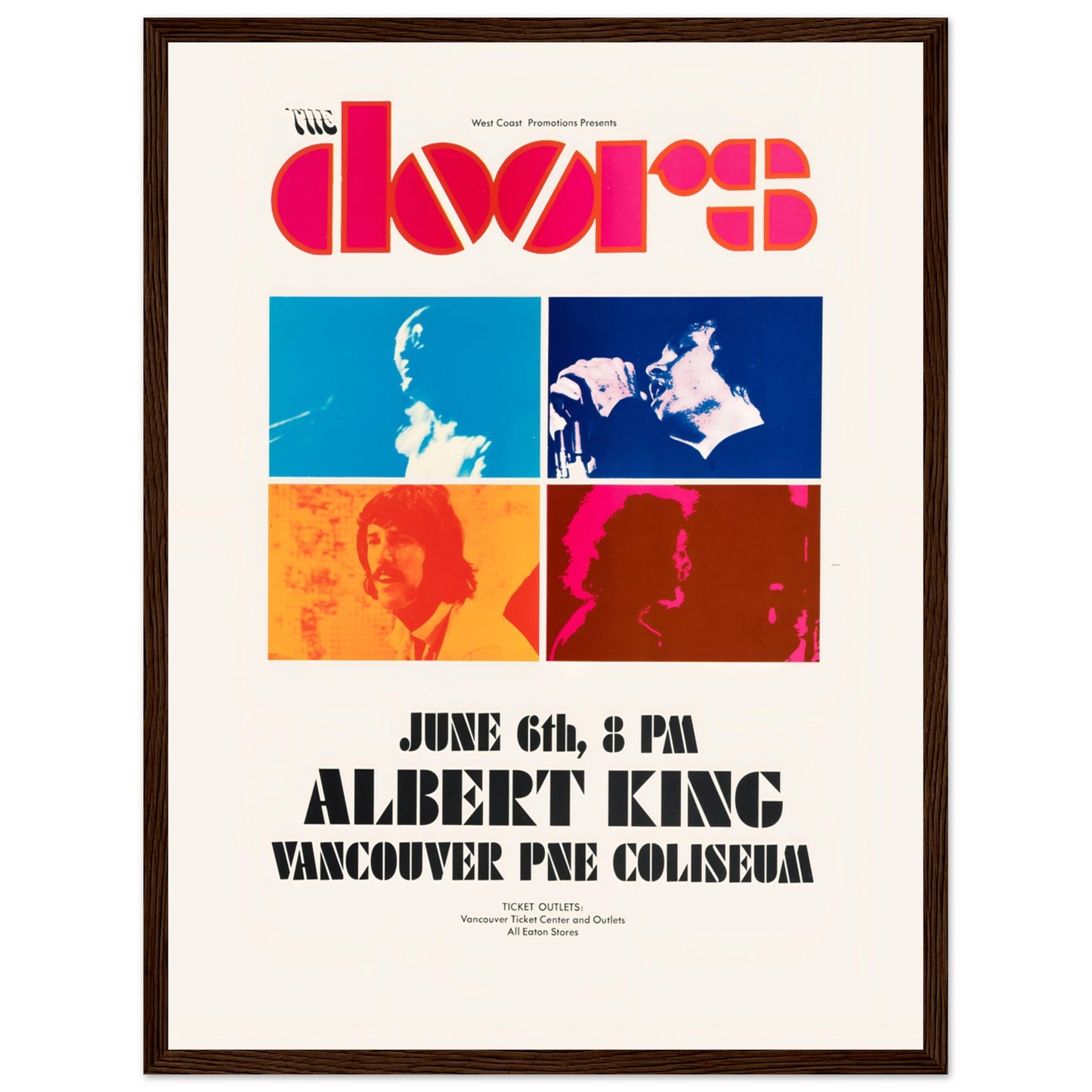Retro psychedelic rock poster featuring The Doors with bold typography and vibrant colors