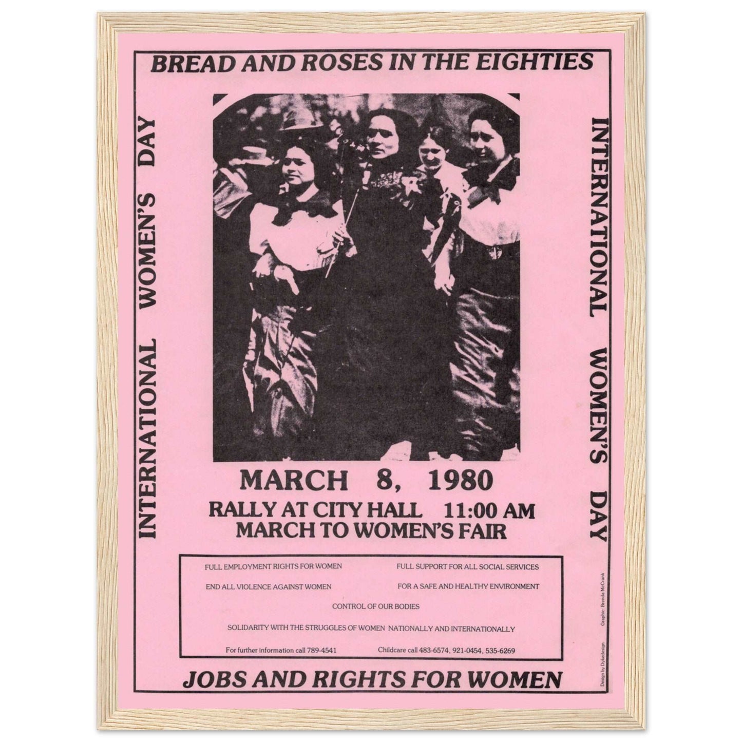 Pink retro feminist protest poster promoting the 1980 women’s rights march at City Hall for equality and fair employment.