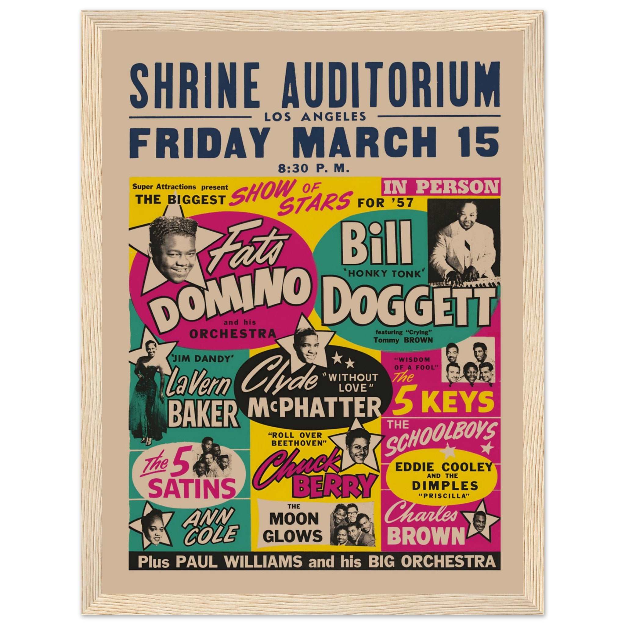 Vintage rhythm and blues concert poster print featuring iconic artists and colorful layout