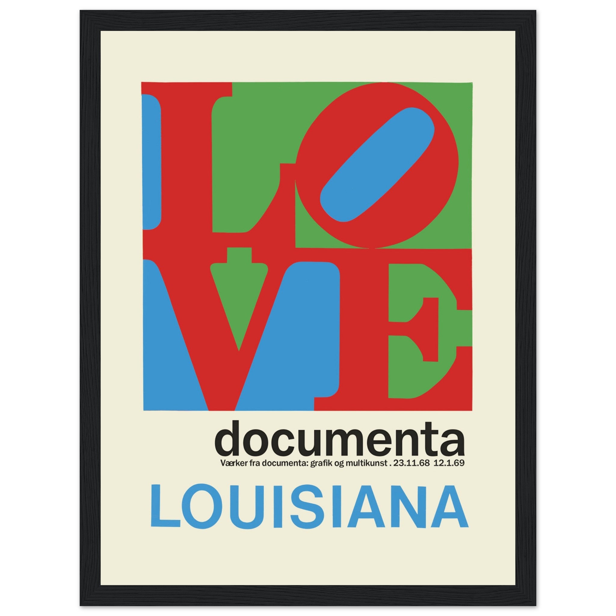 Retro exhibition style poster with colorful abstract letterforms and Louisiana text