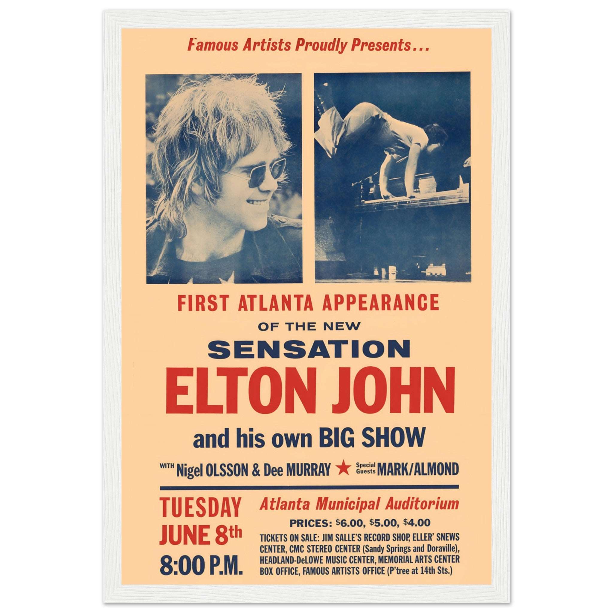 Retro Elton John Atlanta Municipal Auditorium poster featuring iconic performance imagery