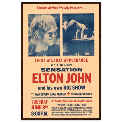 Retro Elton John concert poster with minimalist blue and red graphic layout