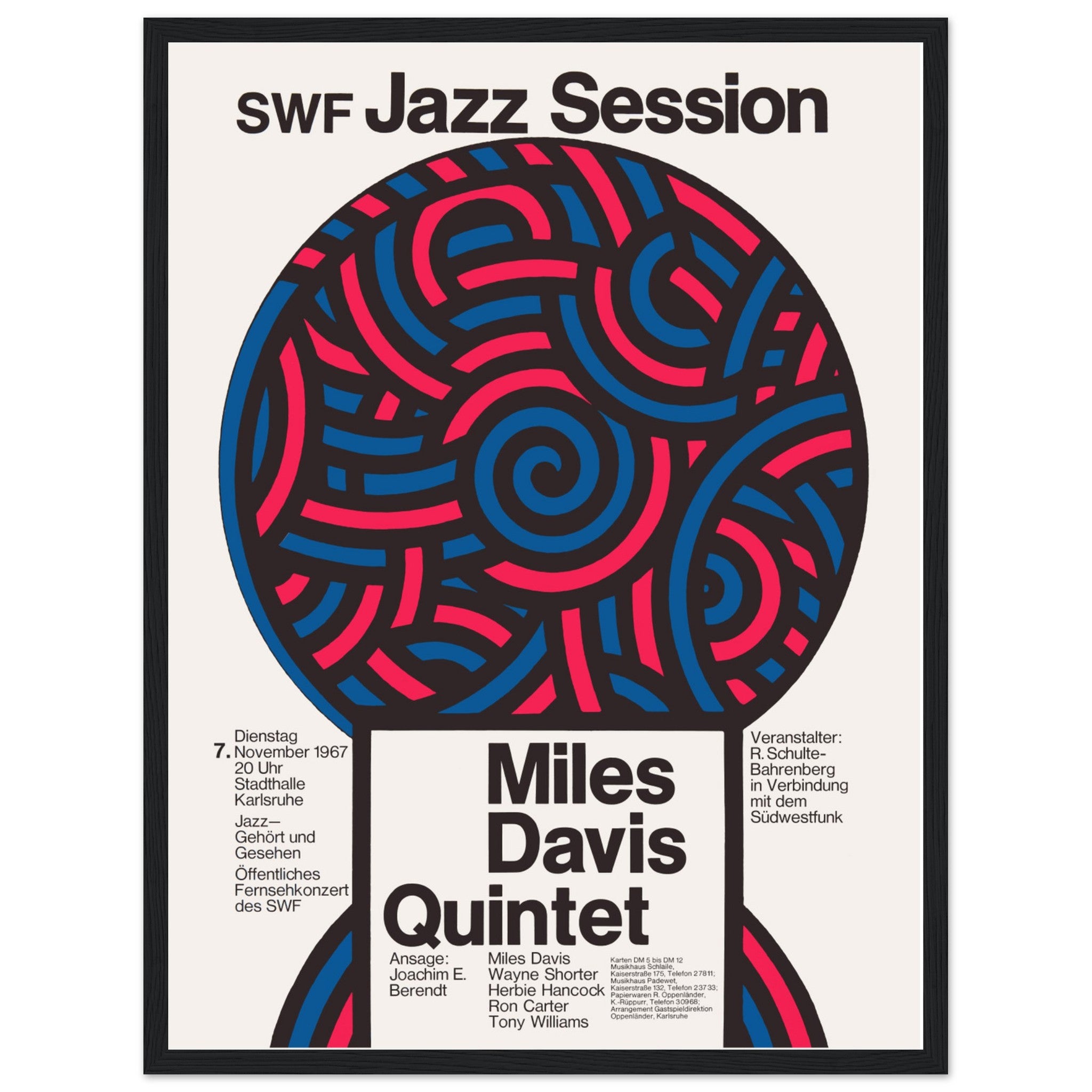 Classic jazz poster featuring Miles Davis Quintet live in Germany 1967, iconic modernist concert art print