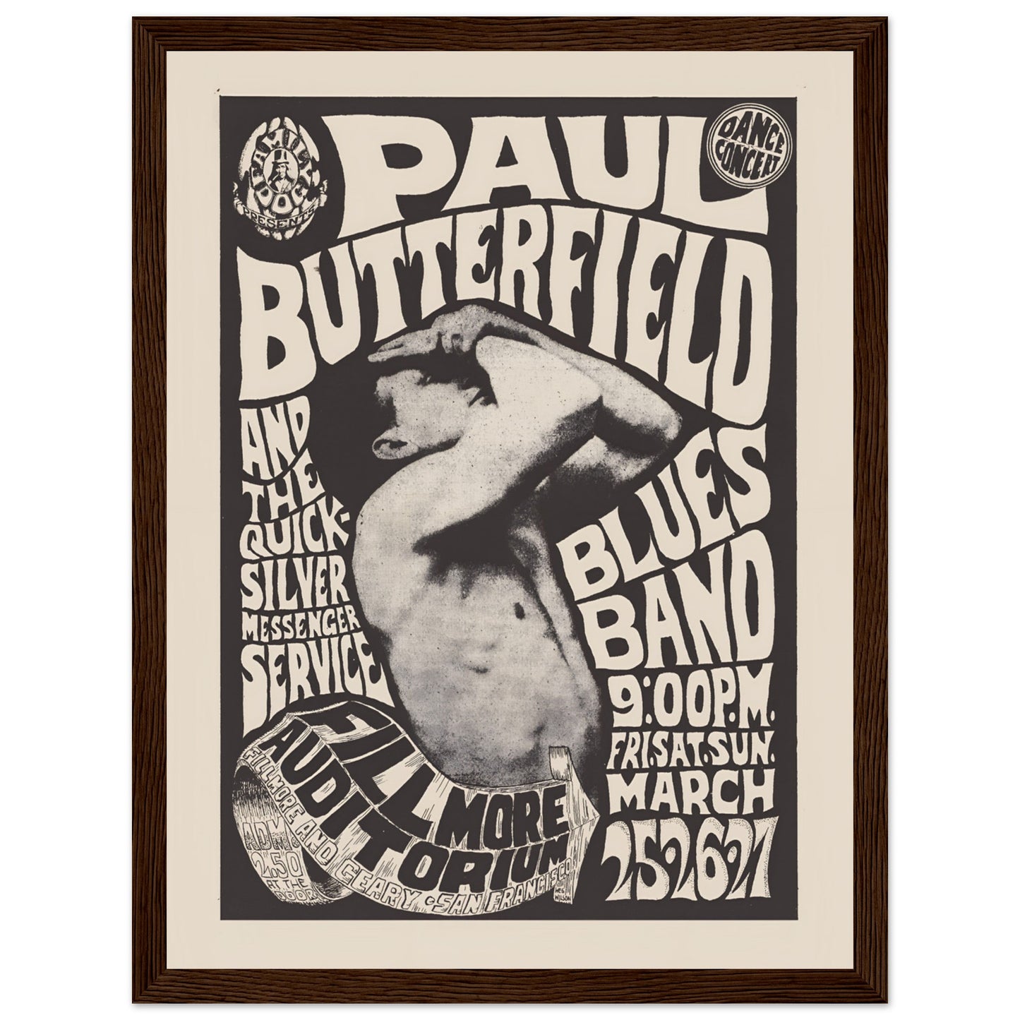 Classic black and white psychedelic rock poster featuring Paul Butterfield Blues Band