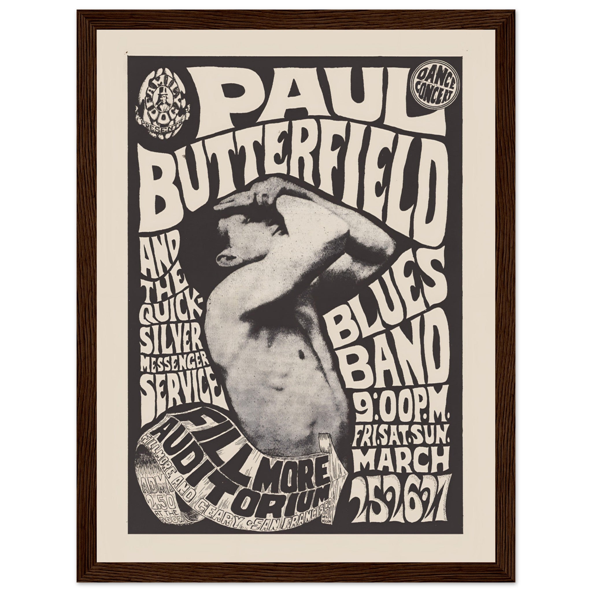 Classic black and white psychedelic rock poster featuring Paul Butterfield Blues Band