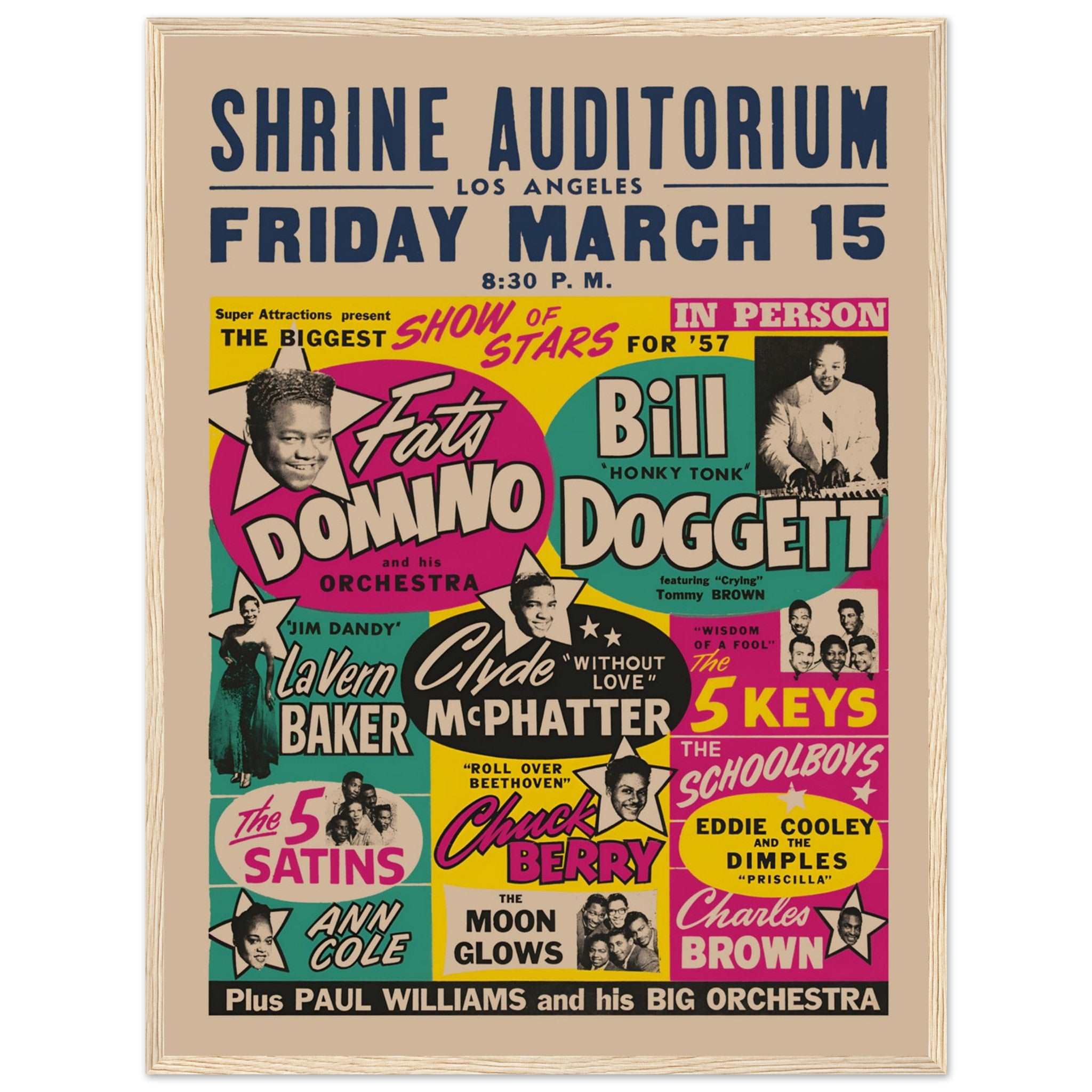 Retro 1957 Shrine Auditorium music poster showcasing legendary rhythm and blues performers