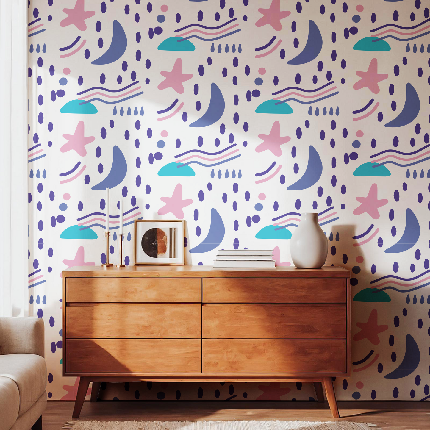 Luma Cosmic colorful moon and star wallpaper with abstract celestial shapes in a modern interior