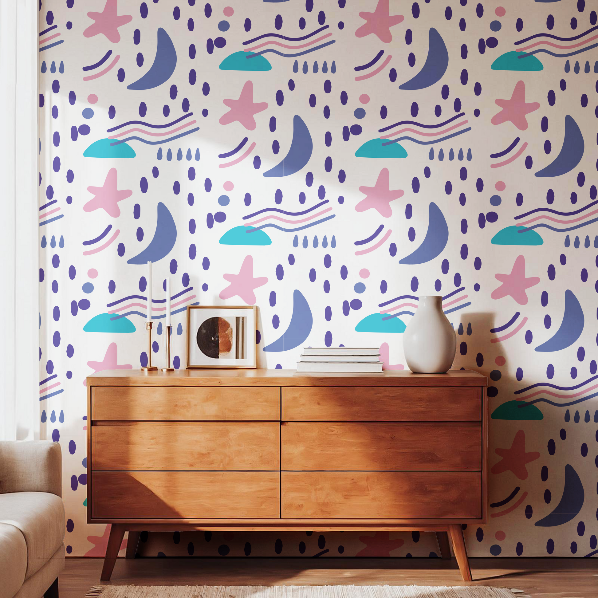 Luma Cosmic colorful moon and star wallpaper with abstract celestial shapes in a modern interior