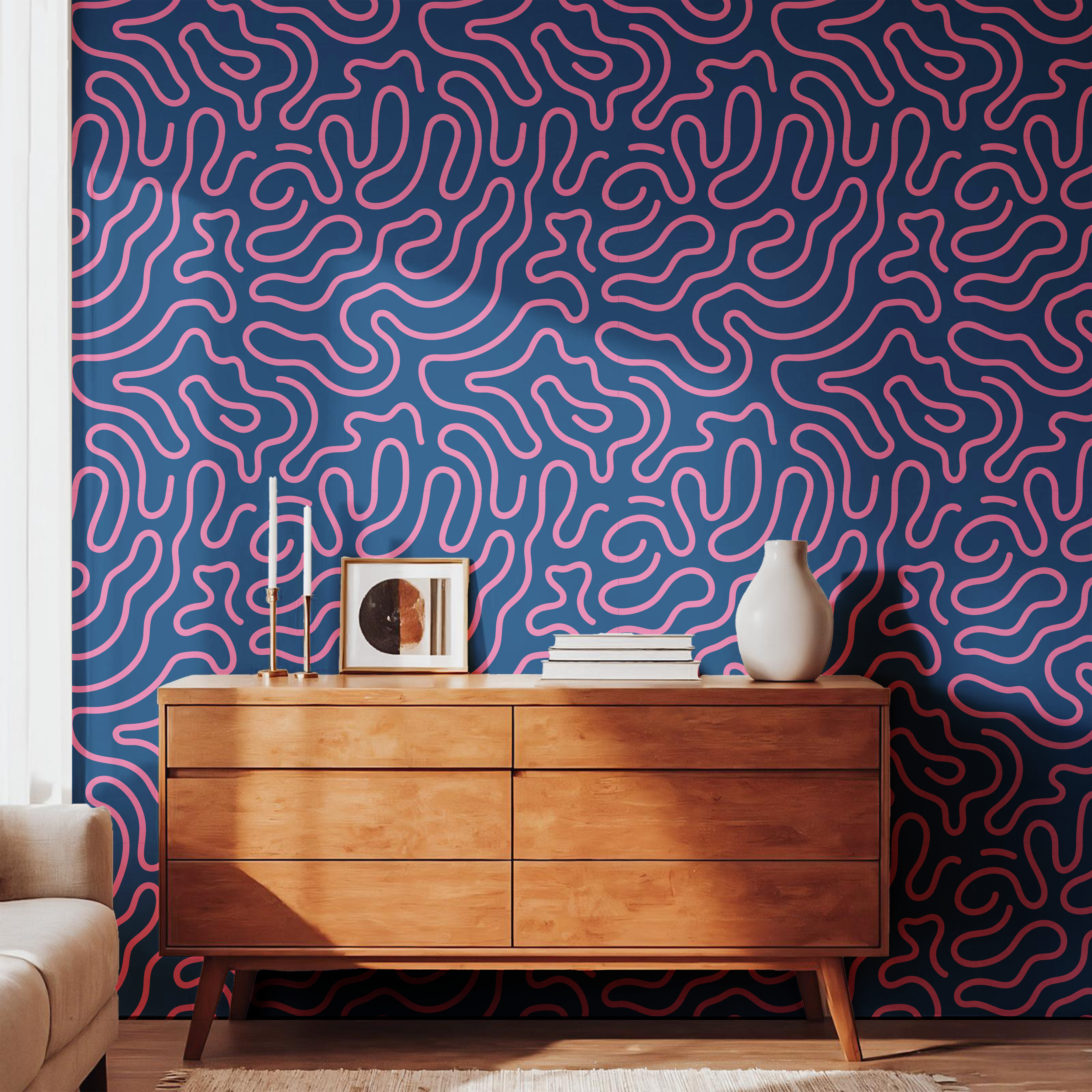 Nova Flow – Navy & Pink Abstract Squiggle Wallpaper