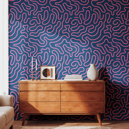 Nova Flow – Navy & Pink Abstract Squiggle Wallpaper