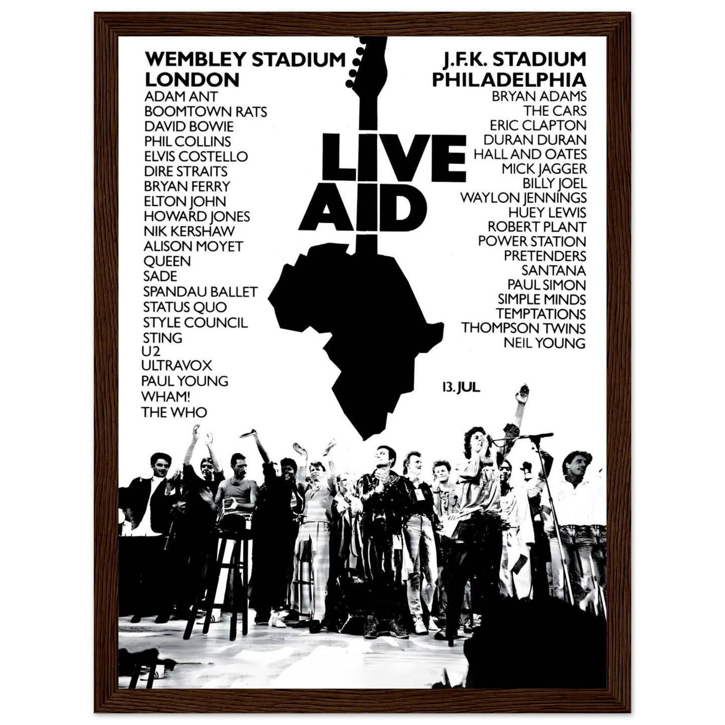 Live Aid vintage poster print highlighting Wembley Stadium and JFK Stadium performances
