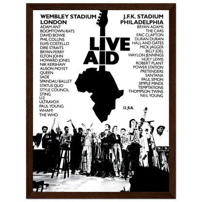 Live Aid vintage poster print highlighting Wembley Stadium and JFK Stadium performances